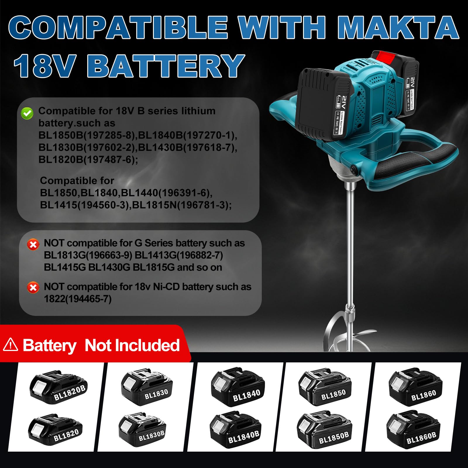Miscelatore per Malta con 2 Batterie, Miscelatore Elettrico Professionale, Agitatore da 1200 W, Miscelatore per Cemento a 6 marce, Interruttore Bloccabile, ergonomico, Miscelatore industriale