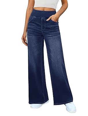Women's Wide Leg Jeans High Waisted Stretchy Denim Pants Elastic Waist Pull On Sweatpant Jeans Trendy Baggy Loose