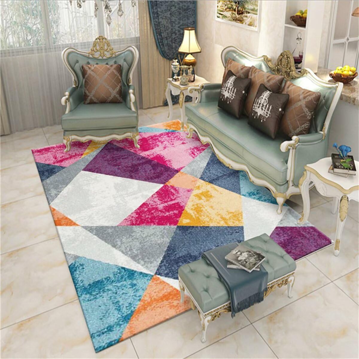Tapis de salon moderne bleu violet grand format géométrique vintage