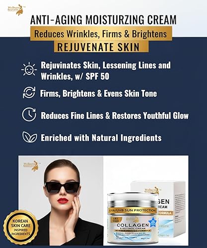 Miniatura 2 de Hidratante facial diario con SPF 50 Retinol, ácido hialurónico y colágeno con crema antienvejecimiento, reafirmante y reafirmante y protección