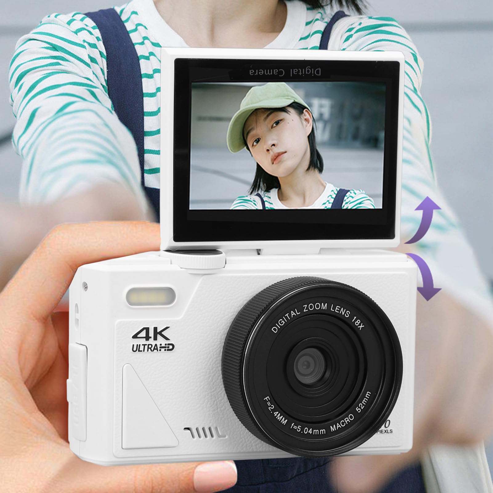 ASHATA Fotocamera Digitale 4K per Fotografia 64MP, Fotocamera Mirrorless WiFi con Zoom Digitale 18X con Flip Screen da 3 Pollici, Videocamera Autofocus per Viaggi (WHITE)