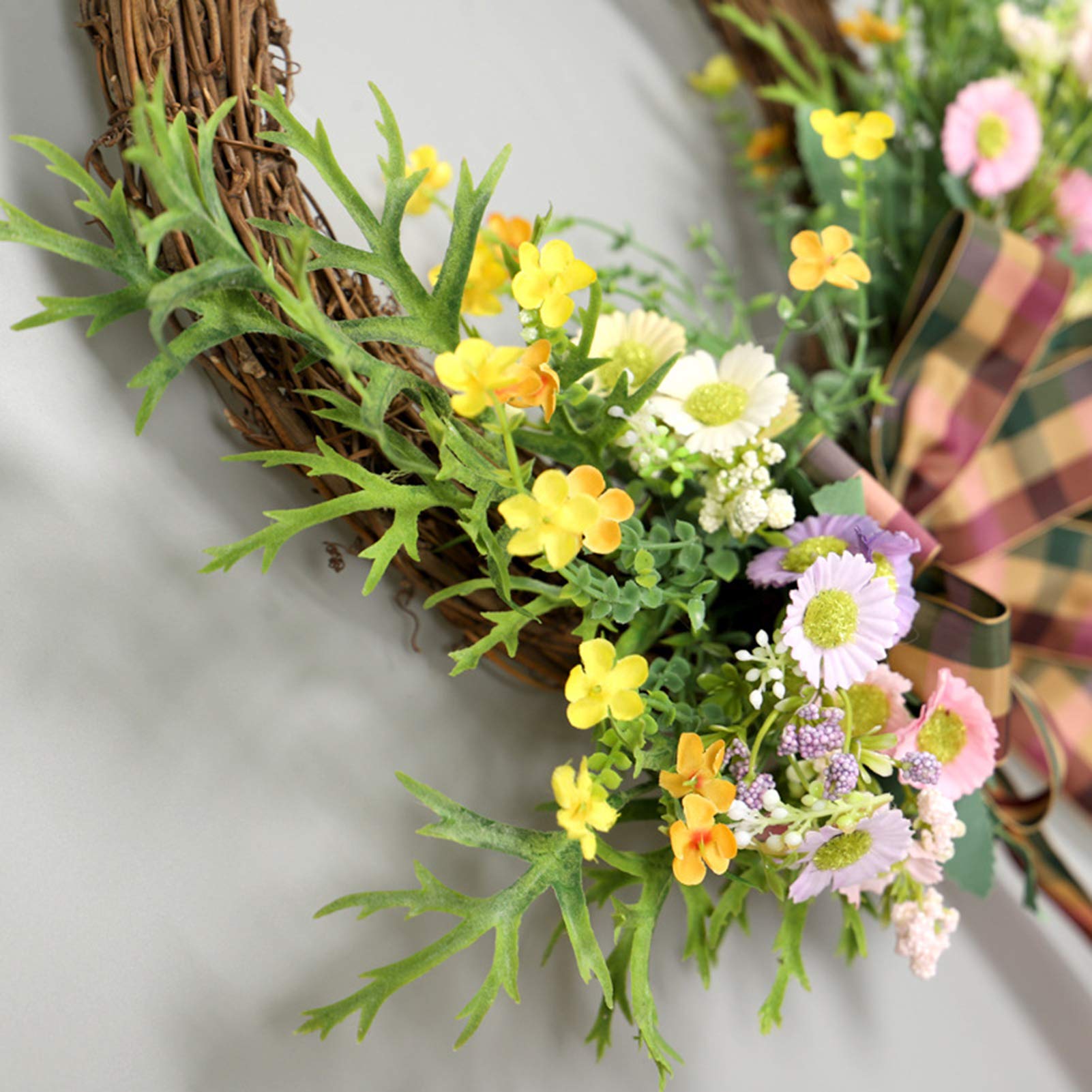 Türkranz LIU- Frühling Sommer Kleine Sonnenblume Geweih Blatt Kranz Mit Plaid Bowknot Handgemachte Front, Home Bauernhaus Garten Dekor
