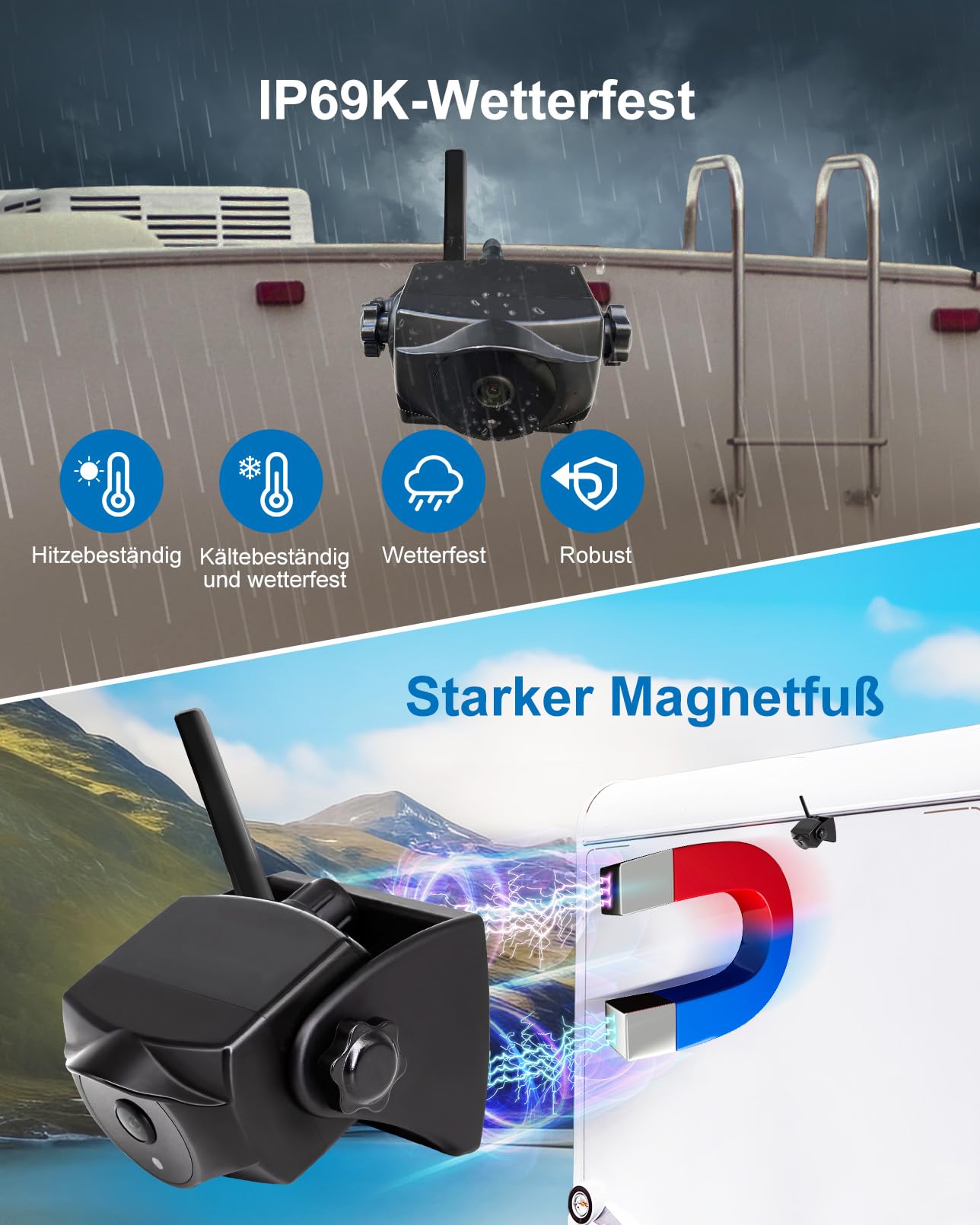 1080P Magnetische kabellose Rückfahrkamera WiFi mit langlebigem Akku 90 Tage Standby Nachtsicht IP69K für LKWs Anhänger