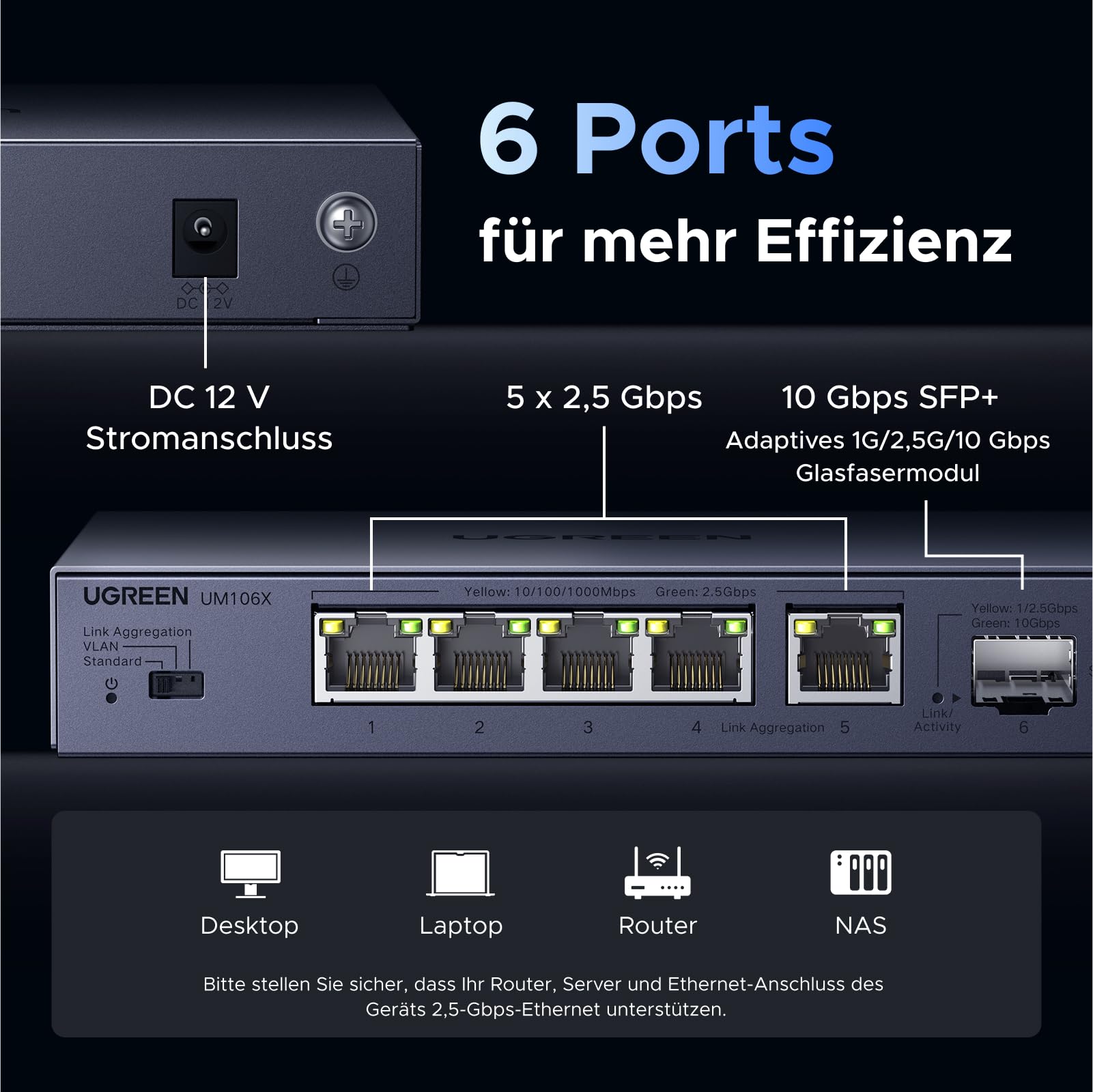 UGREEN 2.5G LAN Switch mit 5X 2.5G Ports+1X10G SFP+ ,Unmanaged Netzwerk Switch für Computer,NAS,Server,WiFi 6 AP, Schnelle Datenübertragung,Desktop/Wandmontage Metallgehäuse