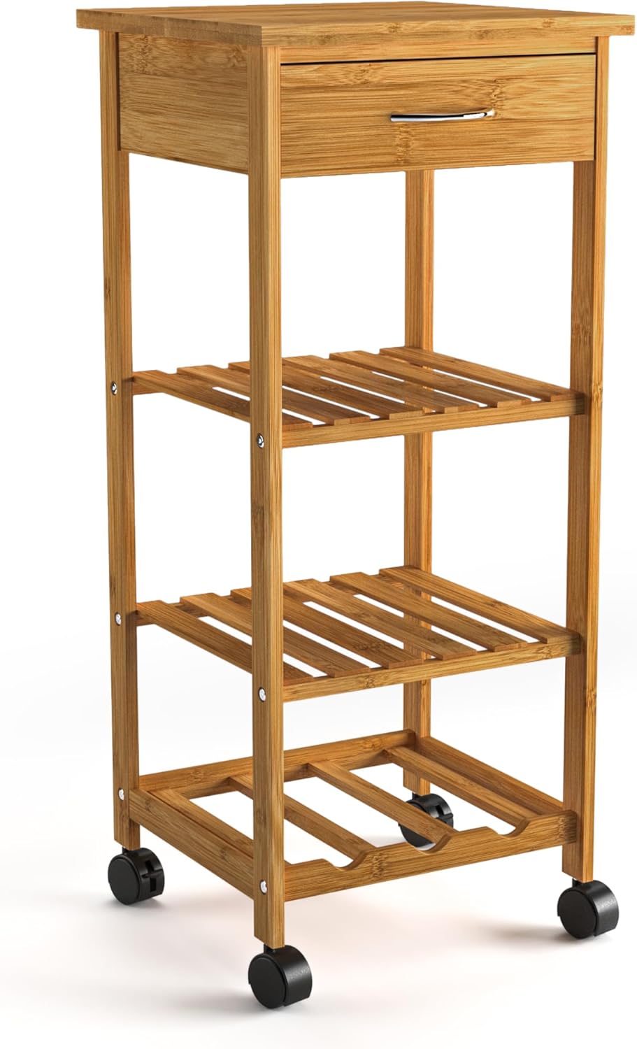 HOMES: Inside + Out Lexa Contemporary Bamboo Kitchen Cart, Storage Trolley with Drawer, 2 Shelves and Wine Rack, for Kitchen, Dinning Room, Bathroom, and Restaurant, Natural