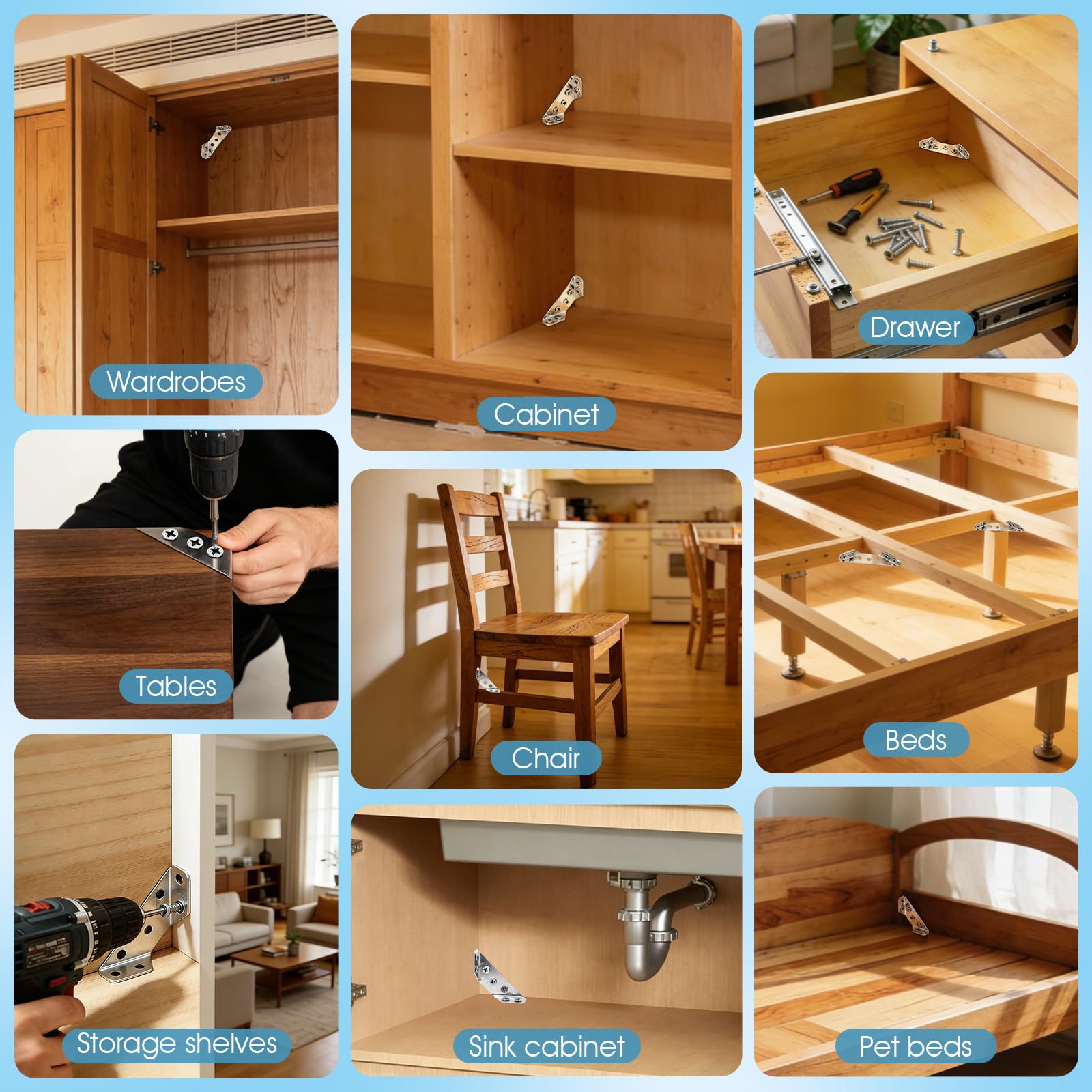 Confezione da 24 staffe angolari in acciaio inox di alta qualità per legno, resistenti per mobili, staffe angolari per armadi, tavoli, sedie, cassetti, staffe triangolari universali in metallo con 144