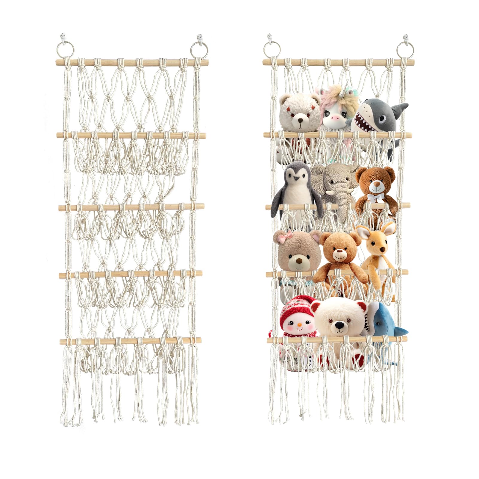 Porta Peluches Salvaspazio, Stile BohéMien 4 Strati Stuffed Animal Storage Con Ganci Per Unghie Senza Soluzione Di Continuità E Clip In Legno Porta Pupazzi Per Cameretta Dei Bambini (Tessuto a Mano)