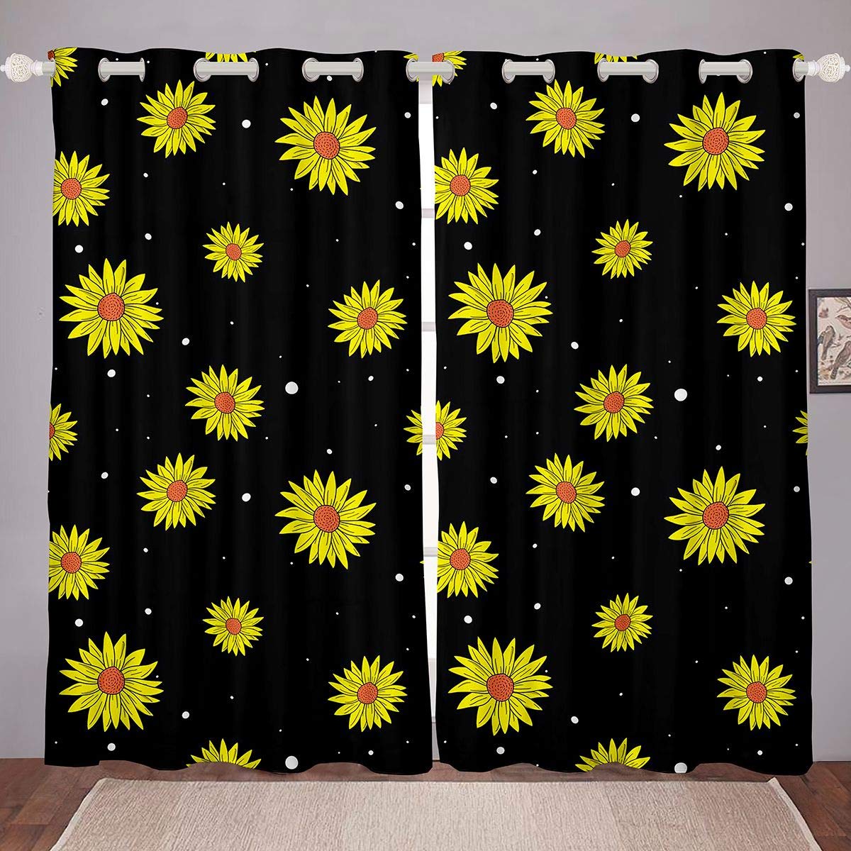 Loussiesd Sunflowers Curtains Yellow Flowers Pattern Curtains for Bedroom Living Room for Kids Women Adults Botanical Floral Print Windows Drapes Soft Polka Dot Room Decoration,Black,W46*L54