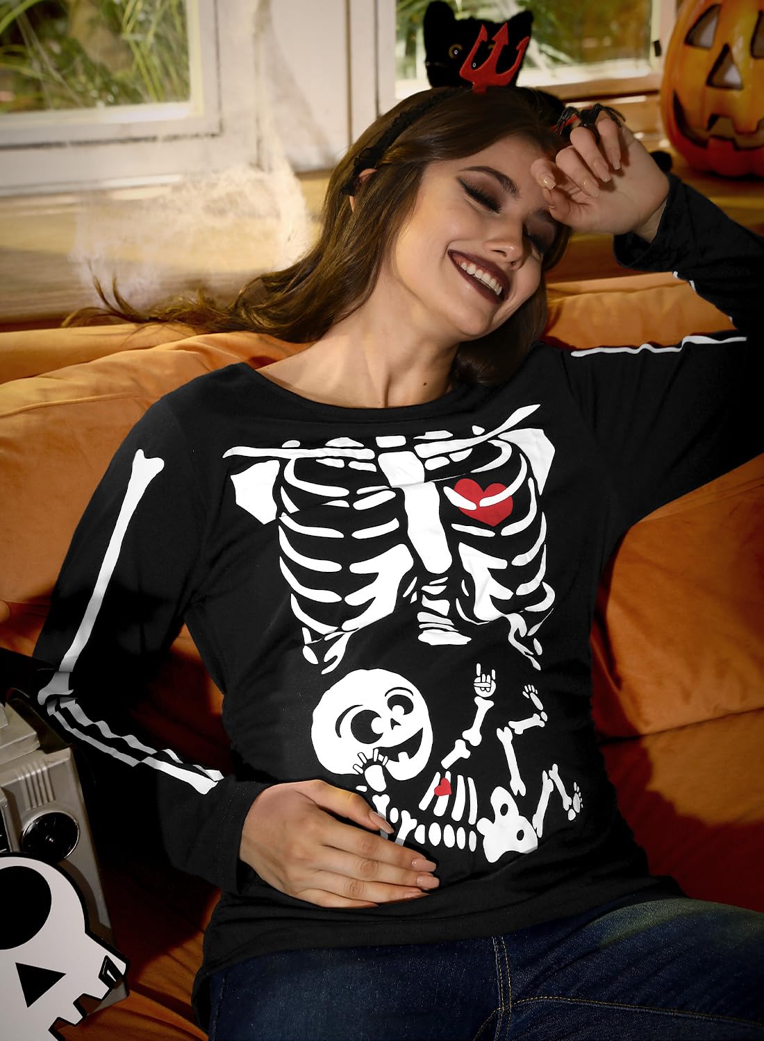 For G and PL Chemise de grossesse à manches longues pour femme Halloween S-XXL | Costume extensible à manches longues pour fête à thème squelette citrouille imprimé famille enceinte chemise