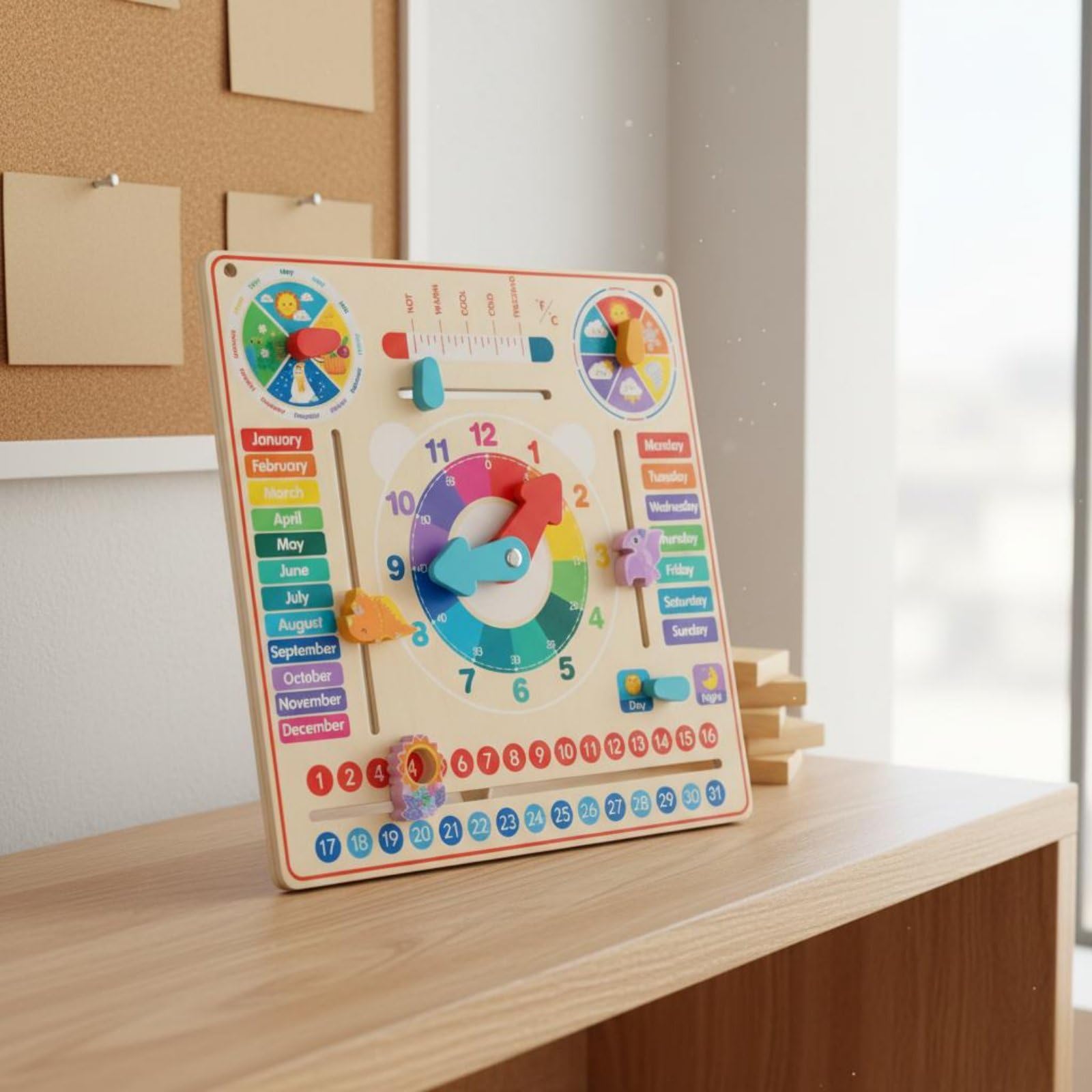 Lernuhr Holz Kalender Uhr Lernspielzeug Lernbrett mit Drehbaren Zeigern Schiebeelementen Wetter Temperatur Förderung von Feinmotorik Und Wortschatz für Kindergarten Unterricht Zuhause