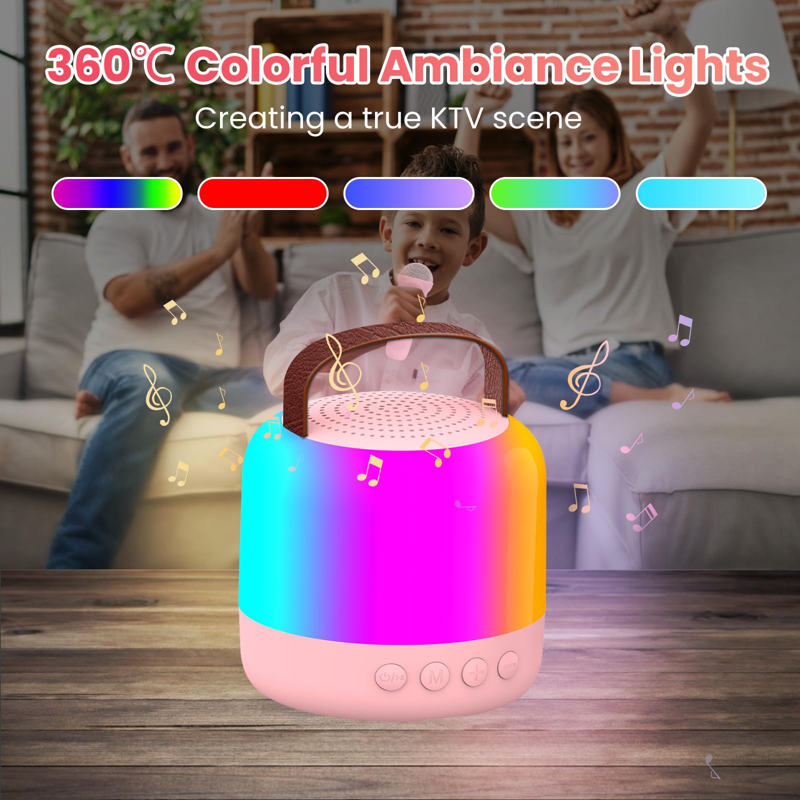 AIUNAOM Karaoke per Bambini con 2 Microfoni Wireless Altoparlante Bluetooth Portatile con Luci LED a Cinque Colori e 5 effetti Sonori Magici Giocattolo Ragazzi e Ragazze Miglior Regalo Festivo(Rosa)