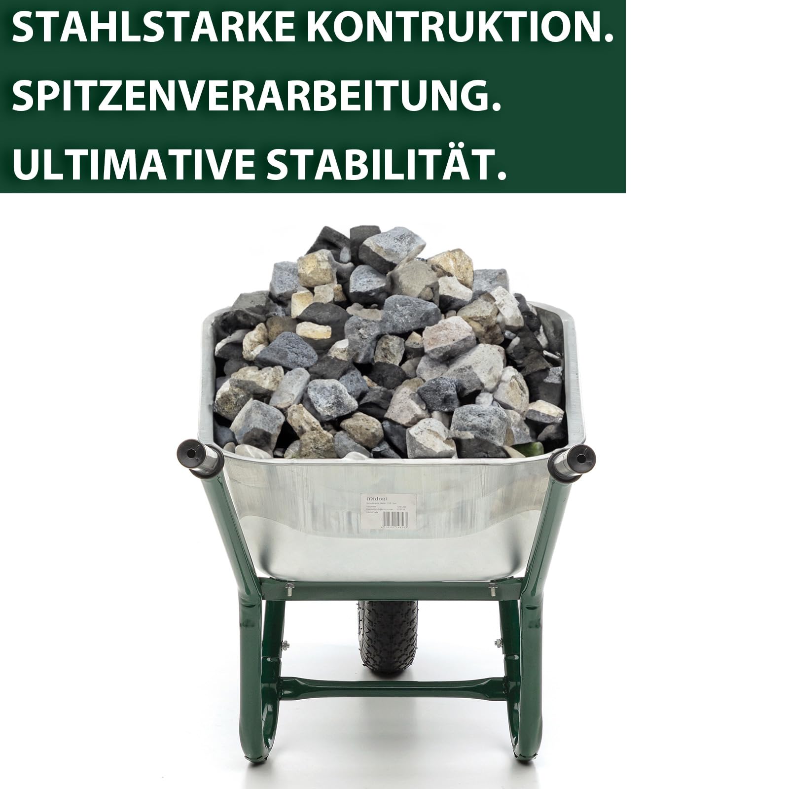 MIDORI® Schubkarre mit 100 Liter Volumen & 210 kg Tragkraft | Bauschubkarre mit Luftreifen & verzinkter Wanne | Gartenschubkarre mit Stahlfelge & Stahlrahmen