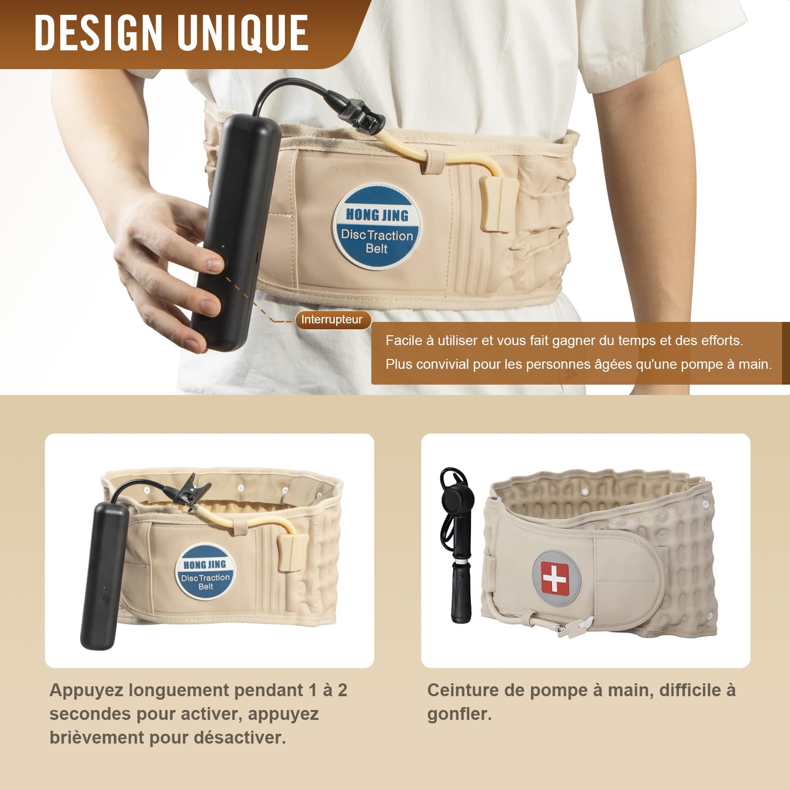 HONGJING Ceinture dorsale de décompression avec pompe électrique pour soulager les douleurs lombaires - Soutien lombaire gonflable pour hommes et femmes, taille unique pour 29-49 tailles