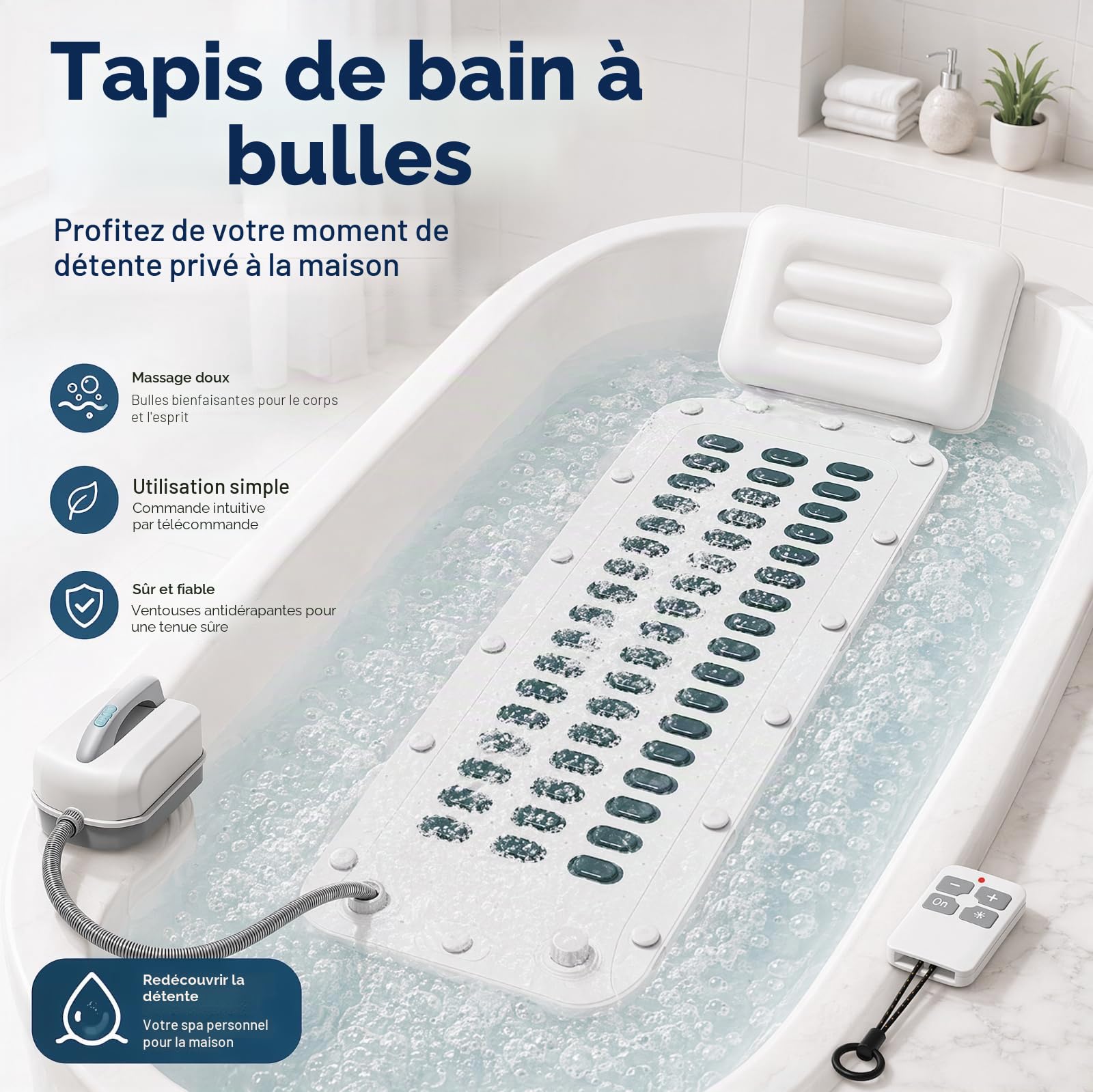 Tapis de bain à bulles avec coussin, portable à bulles avec 6 vitesses pour la relaxation à la maison, ventouses antidérapantes