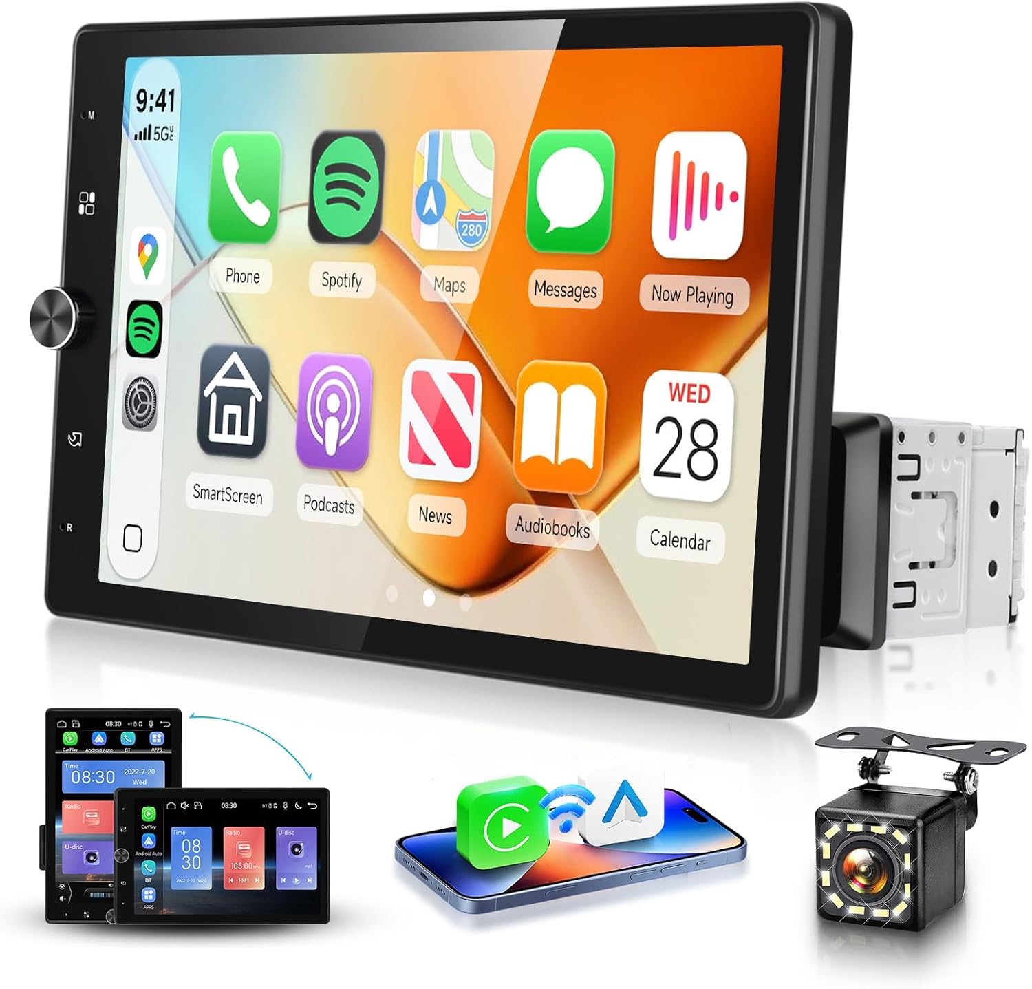 MAHVEC 10.4'' Single Din Car Stereo with Wireless CarPlay Android Auto, HD Rotation Touchscreen Radio with Bluetooth, USB, Mirror Link, SWC, Car Play, FM/RDS Radio, Backup Camera