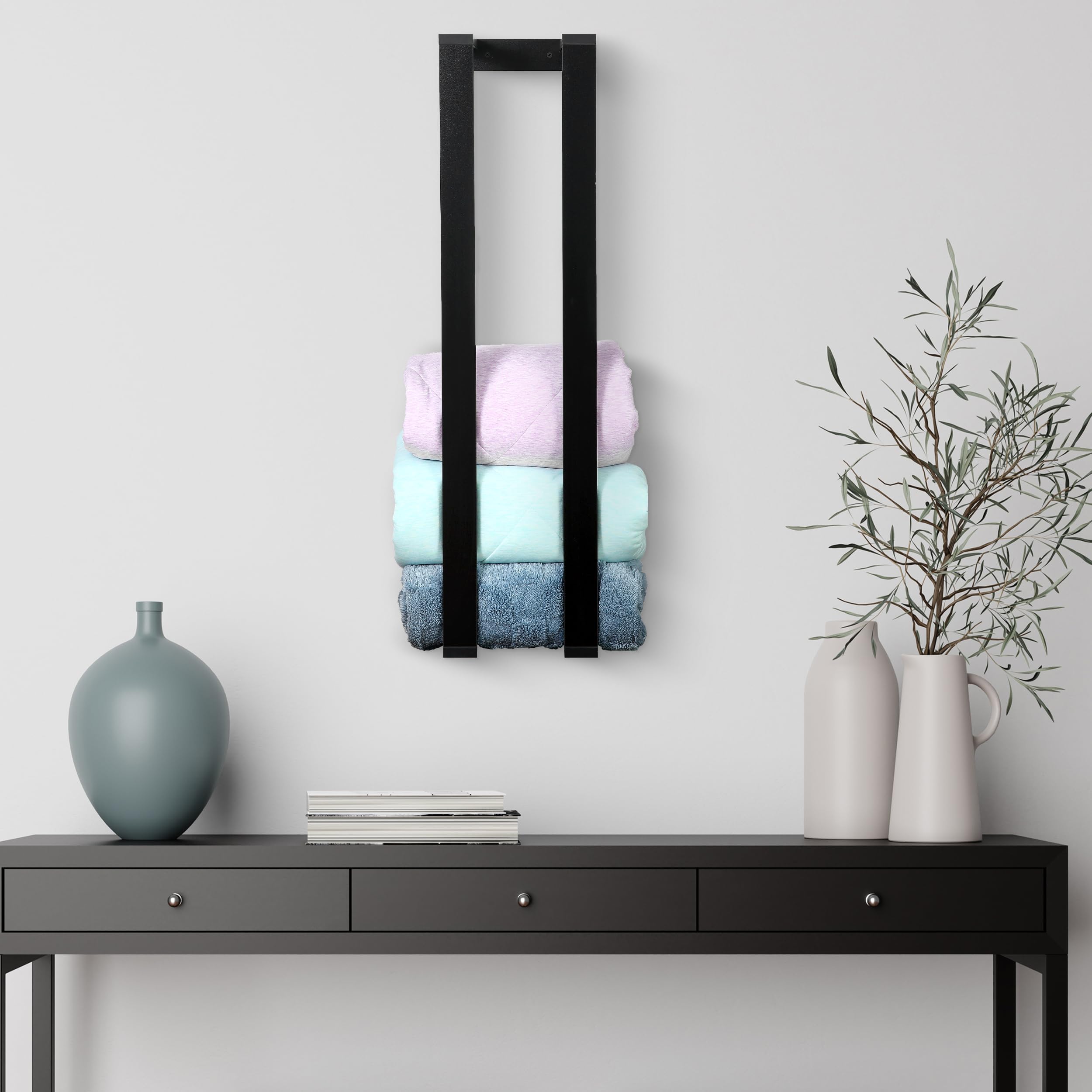 RELODECOR Blanket Wall Rack โ Floating Shelf for Living Room & Bedroom, Rustic Wall-Mounted Blanket Holder, Bedding & Towel Organizer, Space-Saving, Stylish Black Design