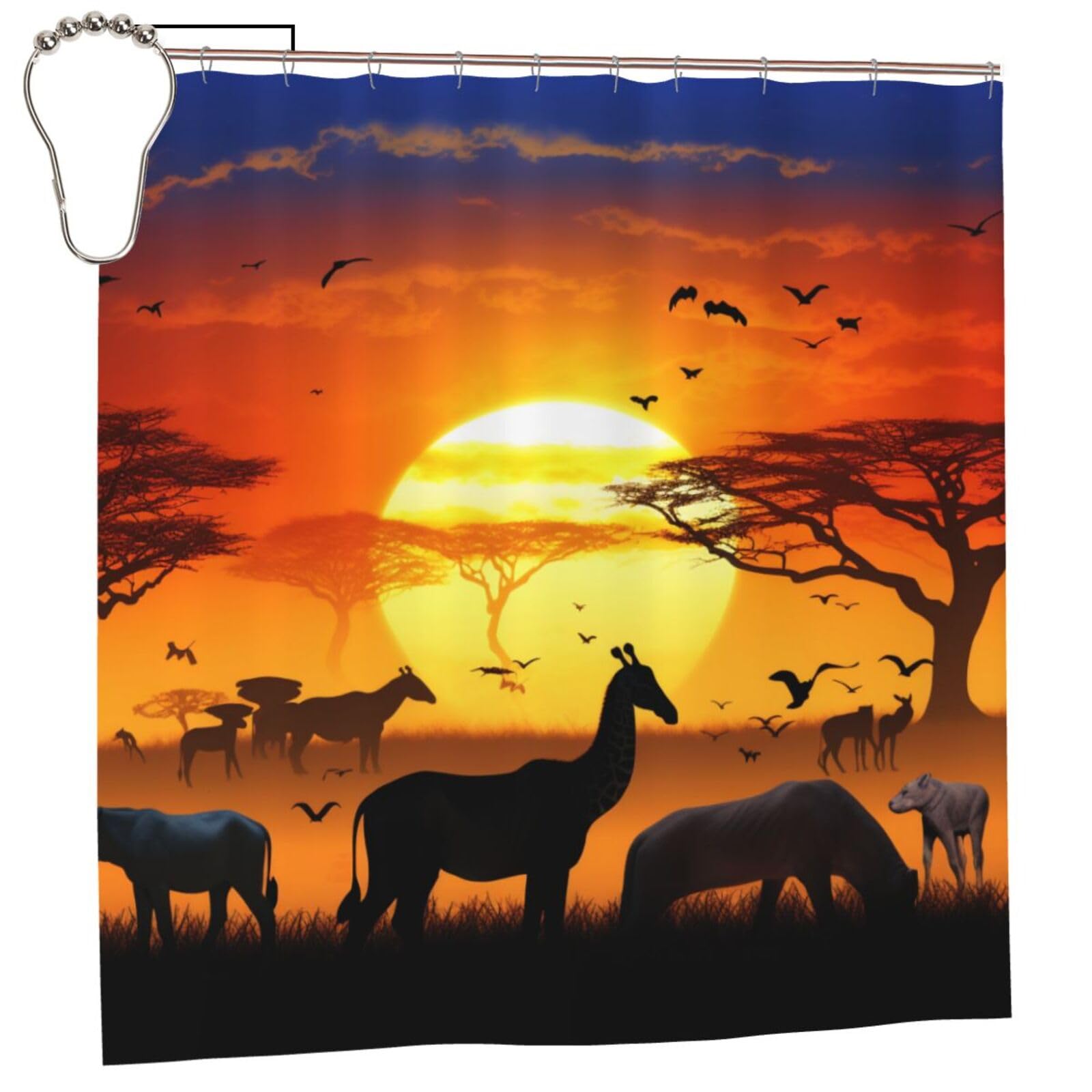 BWWHCCTI Sunset animals Printed Shower Curtain With 12 Iron Hooks Opaque Quick Drying Waterproof Shower Curtains Sets For Bathroom 183x183 CM