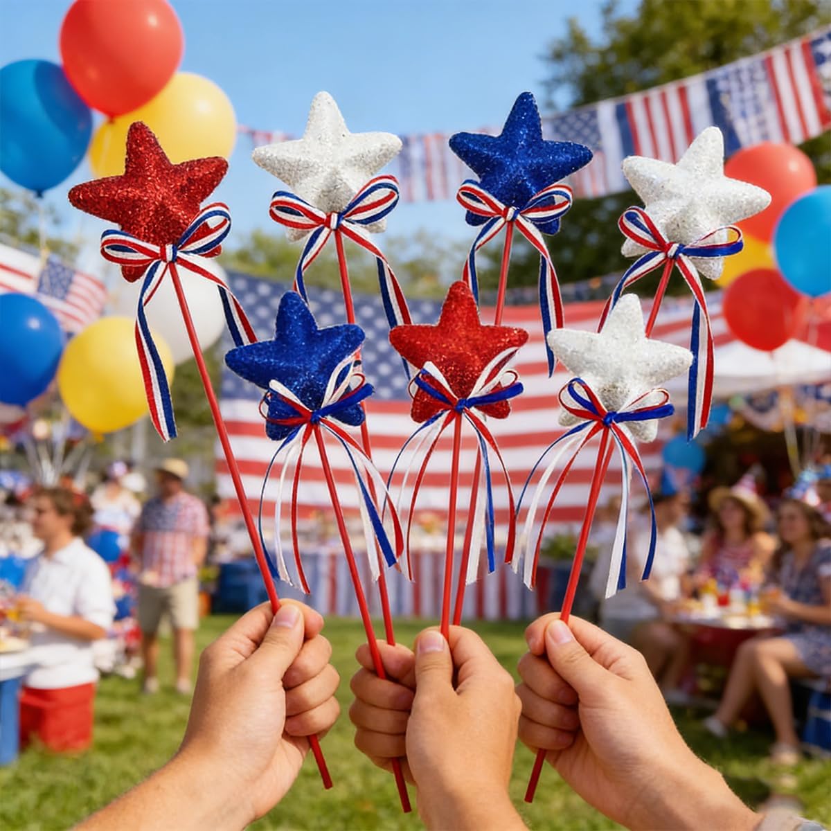 4th of July Glitter Puffy Star Flower Picks Foam Sparkly Sticks for Party Crafts Table Supplies Decorations (Blue Red White)