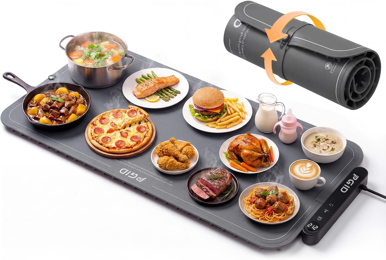 Warming Mat for Food XXL 36″x16″ with Touch Screen,Dishwasher Food Warming Mat, 6 Level Temp 6 Hour Timer, Silicone Food Warmer Trays for Chafing Dishes & Buffet,Child Lock, 8s Fast Heating (Gray)