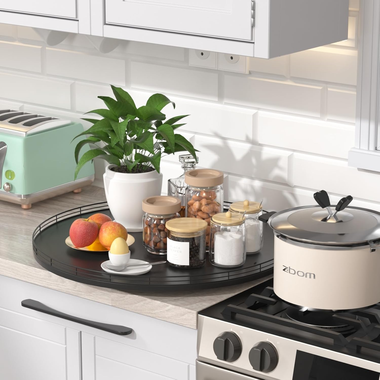 18" Oak Wooden Lazy Susan Turntable for Dining Table, Large Round Lazy Susans Organizer for Kitchen Countertop, Tabletop 360°Rotating Tray for Spice Organization and Storage Black Home Decor