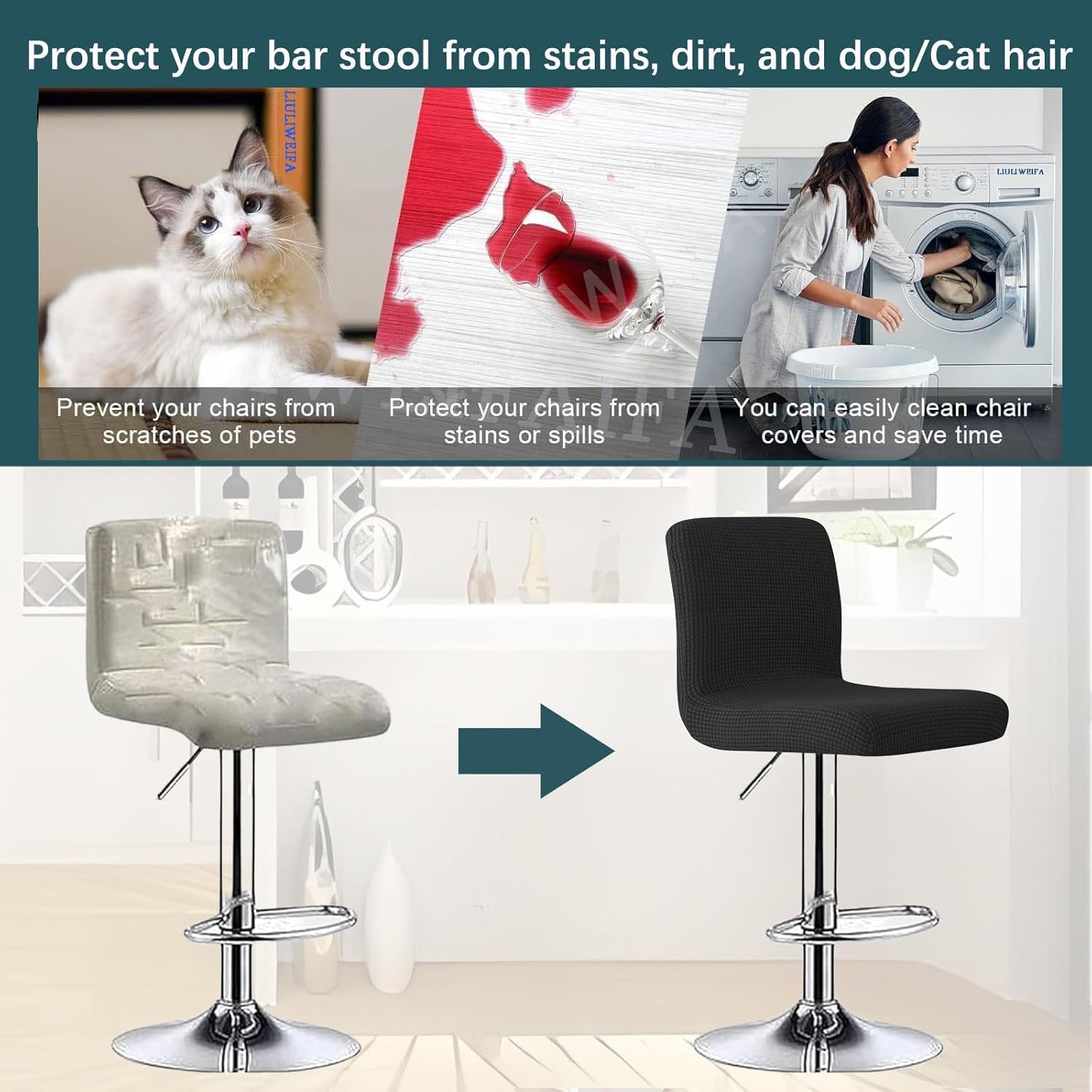 Stretch Bar Stool Covers with Backs, 2/4/6 Pack Pub Counter Stool Chair Covers, Washable Square Swivel Barstool Seat Slipcover for Low Short Back Chair,Black,6PCS