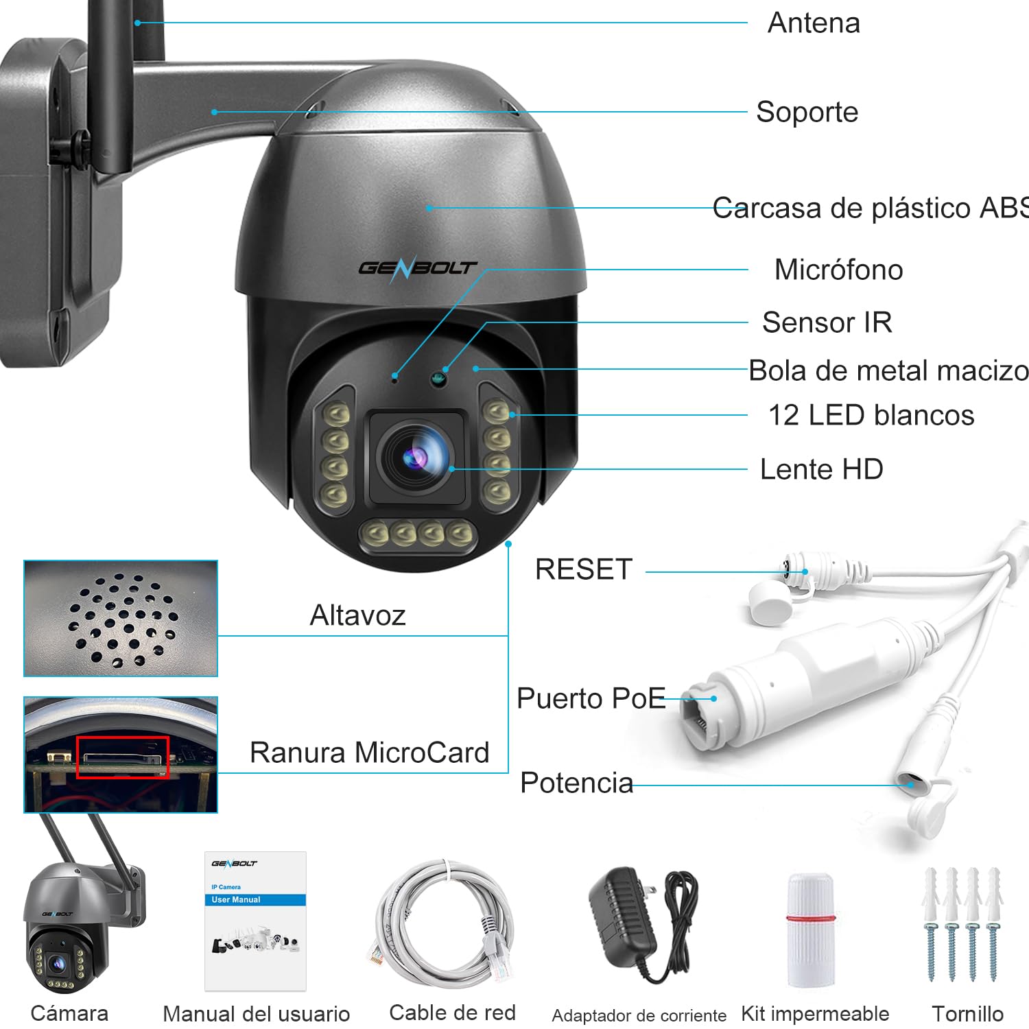 GENBOLT [DC&PoE 4k Cámara de Vigilancia WiFi, Inalámbrica 8MP CCTV IP Cámara Seguridad Exteriorcon con Color Nocturno, Detección Automática de Personas/Vehículos Pan Tilt Zoom Digital 4X(2.4&5GHz)