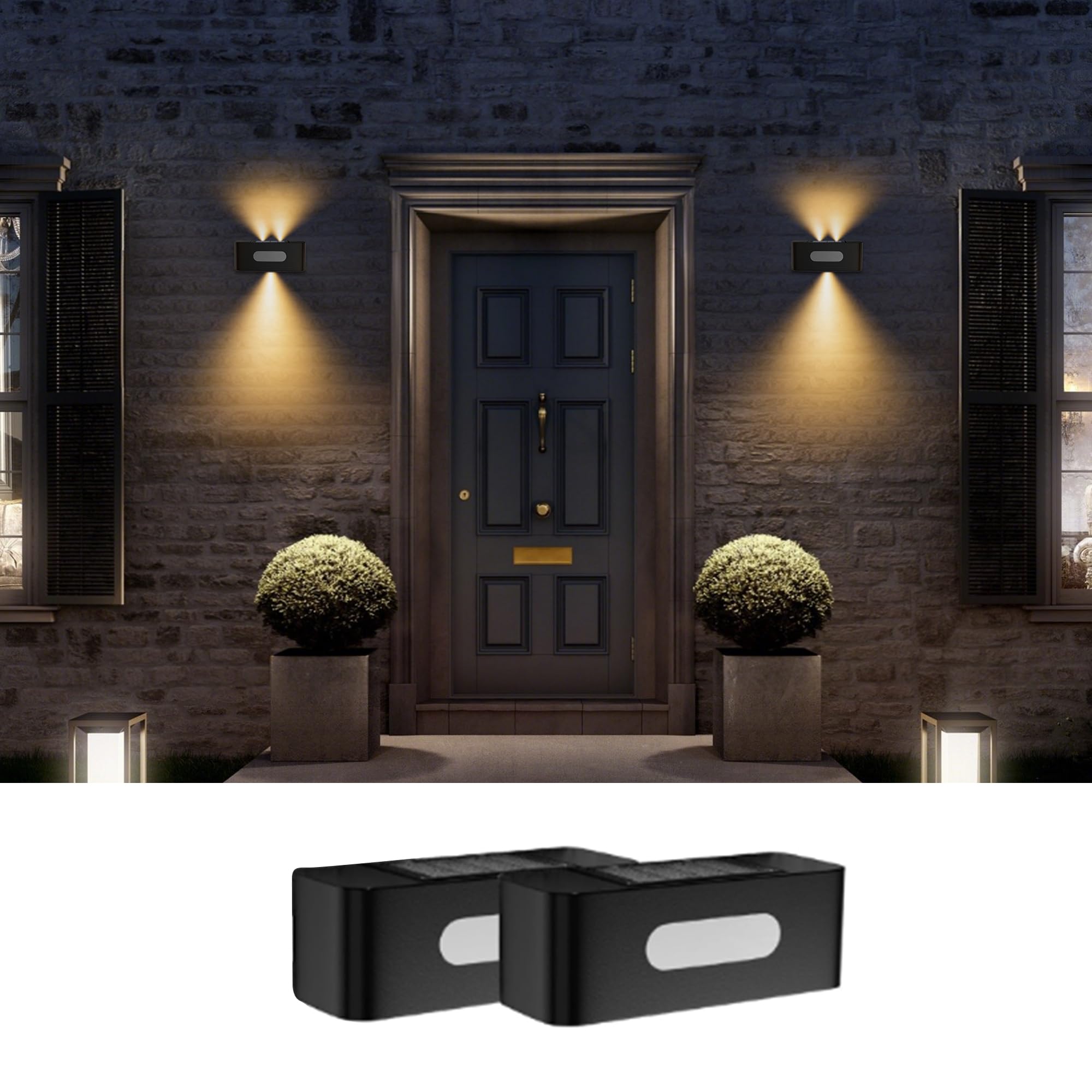 Solar Fence Lights 2 Pack, Solar Wall Lights Waterproof Outdoor Up and Down Lighting for Outside, Garden, Walkway, Door, Porch, Deck-(Warm White)
