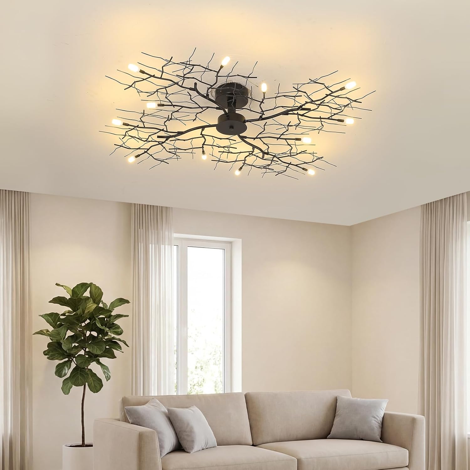 44" Large Semi Flush Mount Ceiling Light Fixture,Black Modern Chandelier with Branch Shapes,12-Lights Industrial Close to Ceiling Light Fixtures for Living Room Bedroom Kitchen Dining Room