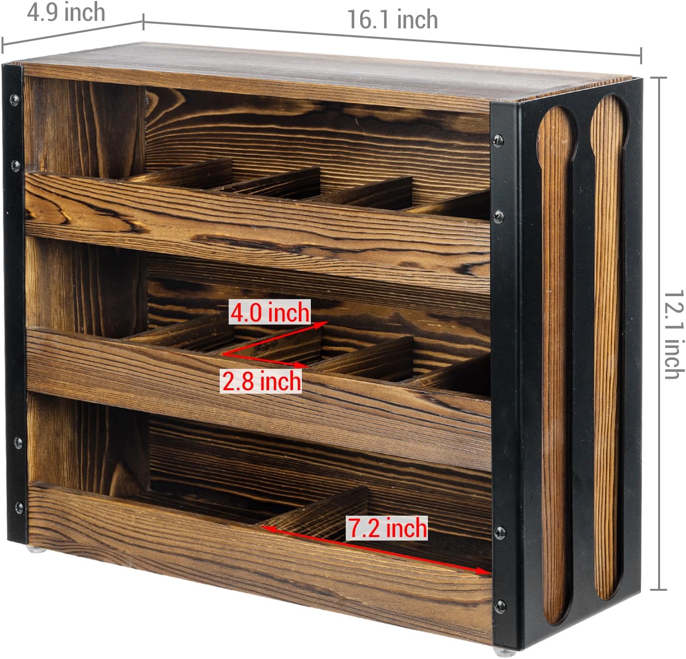 MyGift 3 Tier Tea Bag Organizer, 15 Compartment Tabletop Coffee Bar Tea Station, Tea Bag Holder, Rustic Burnt Solid Wood with Black Metal Coffee Pod Dispenser - Holds up to 32 Pods