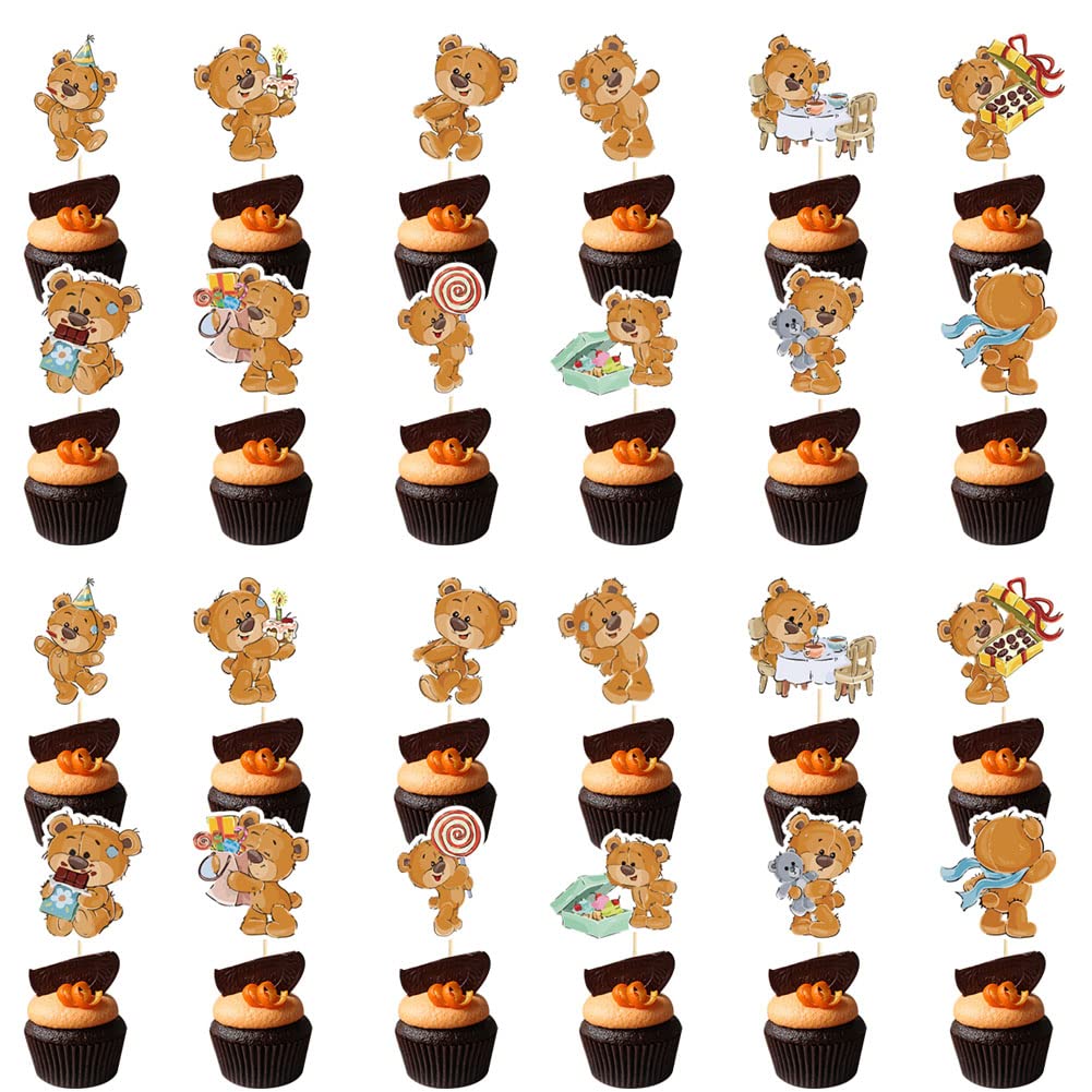24pcs Teddy Bear Birthday Cupcake Toppers, Teddy Bear Themed Baby Shower Decorations, Cake Picks Party Supplies Decoration,Baby Shower Celebration Decorations Supplies for Boy Girl