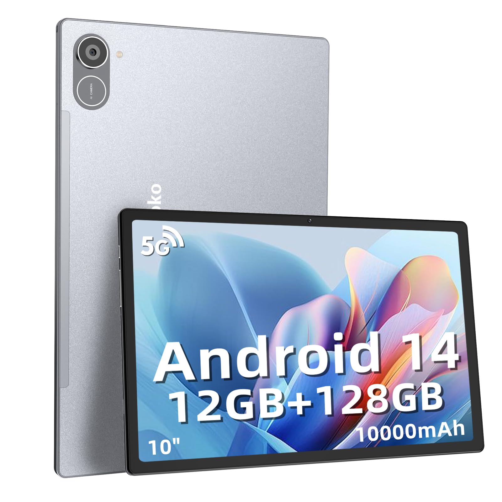 Semeakoko Tablet Android 14, Tablet 10 pollici con 12GB ROM + 128GB RAM (Espansione TF 1TB), Octa-Core, WiFi 2.4G/5G, 10000mAh, Fotocamera 2+8MP, Bluetooth 5.2, 1280x800 IPS (Argento)