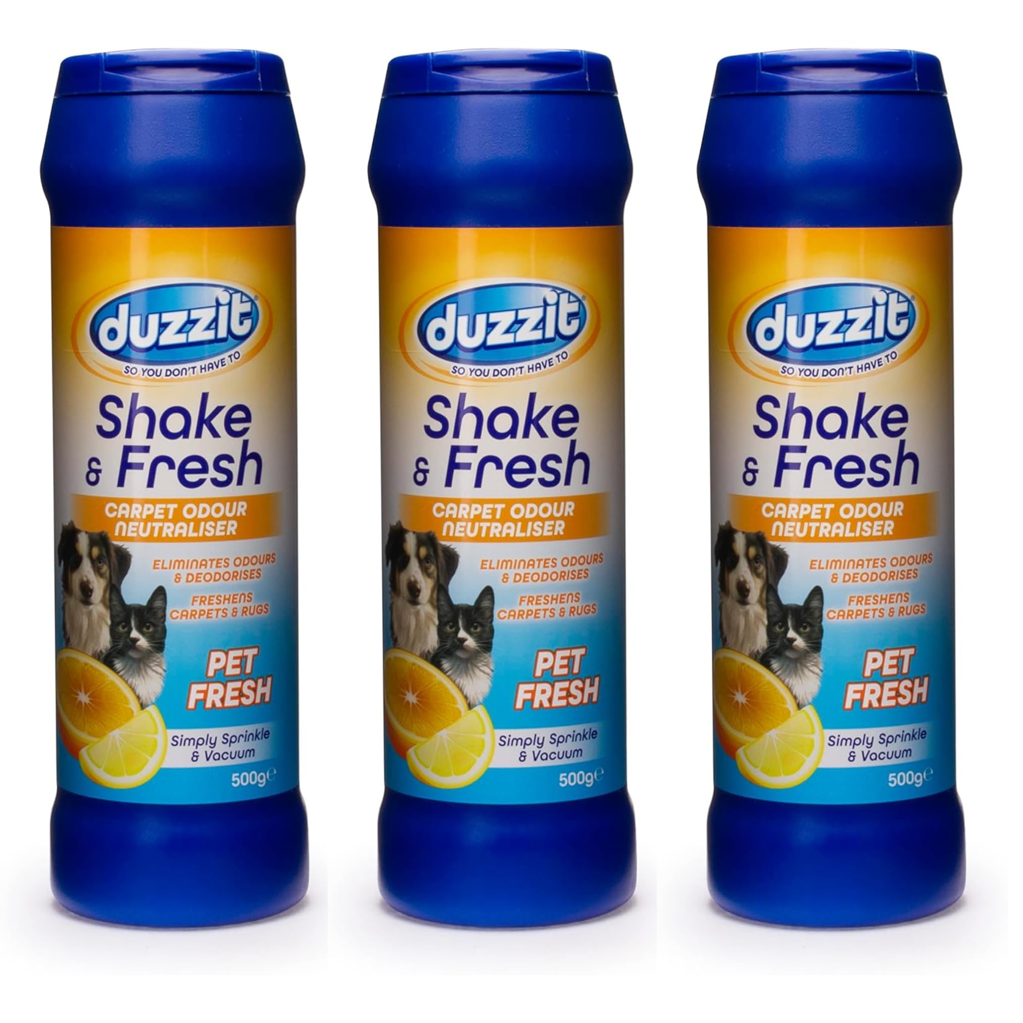 Duzzit Shake & Fresh - Ambientador en polvo para alfombras Pet Fresh - Paquete de 3 unidades de polvo limpiador de alfombras de 500 g Great British Home
