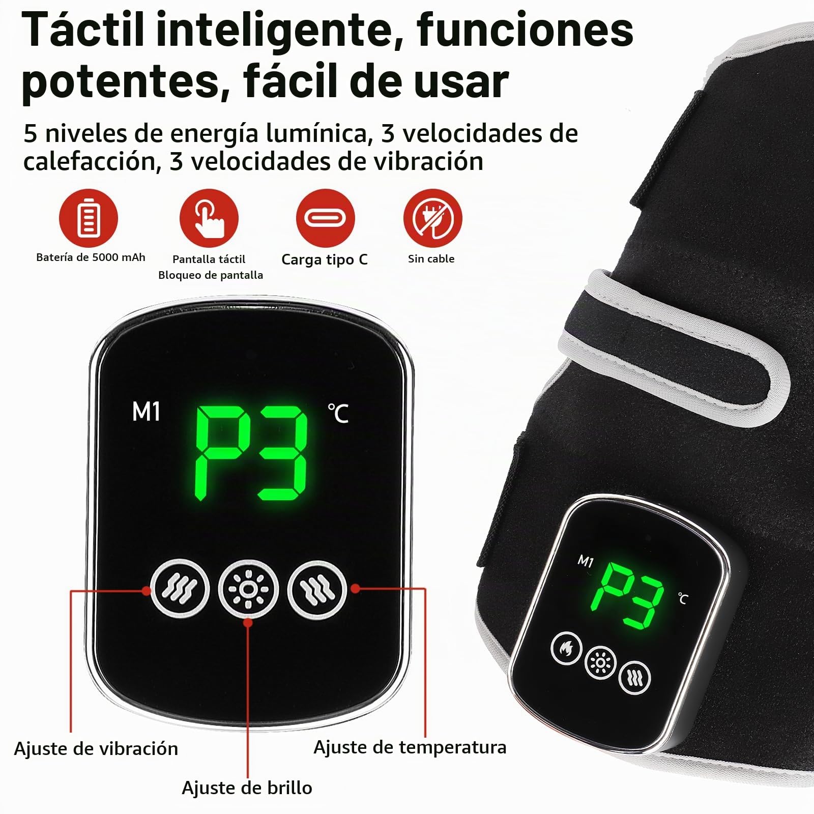 Masajeador de Rodilla Inalámbrico con Pantalla Táctil, 3 Niveles Calor, 3 Modos Masaje, Luz Roja de Doble Longitud de Onda (660 nm y 850 nm) y 5000 mAh para Artritis y Lesiones Muscular