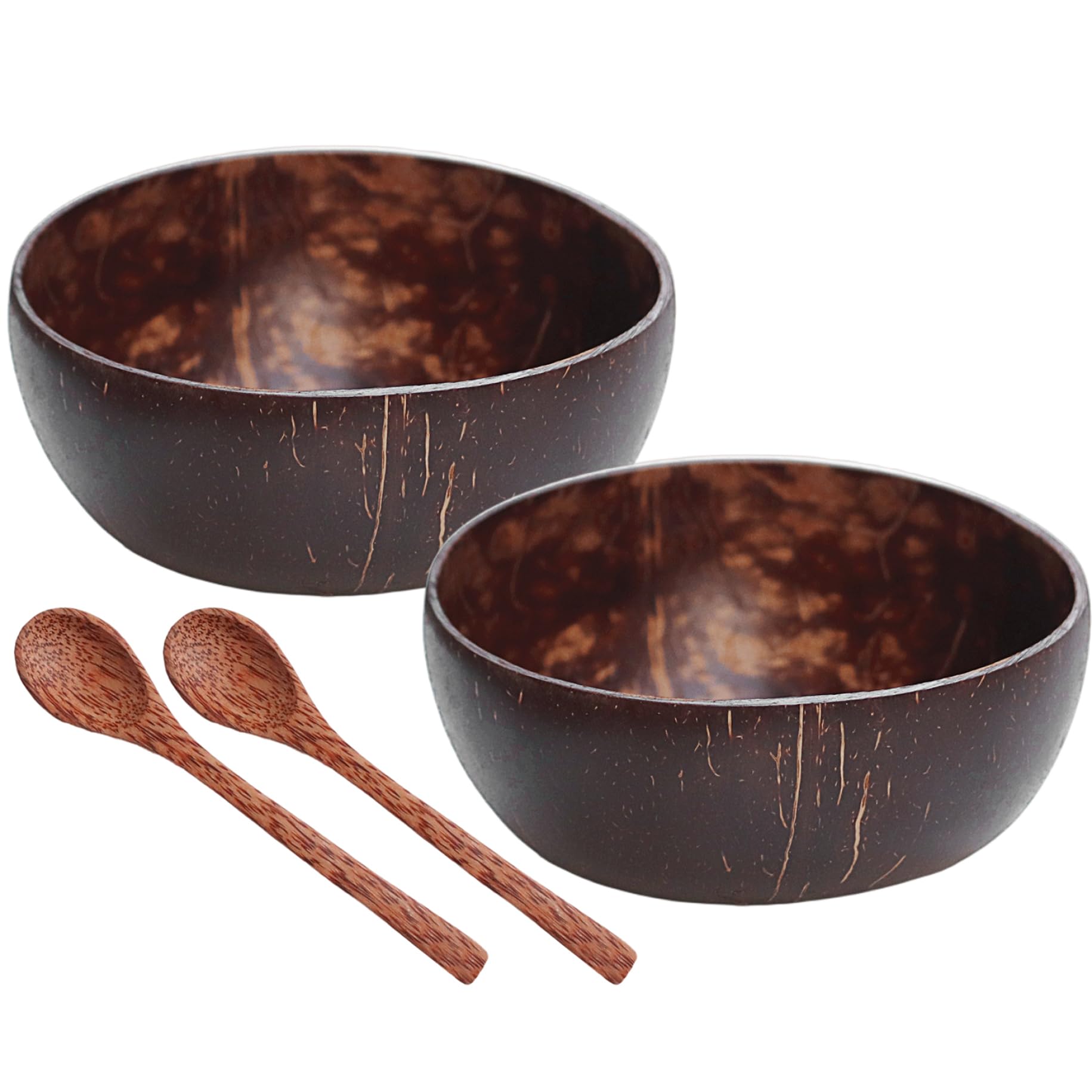 BeVistoso Coconut Bowl Polished Tableware for Salads Breakfast Decoration, Includes 2 Wooden Bowls Spoons Eco-Friendly Lightweight
