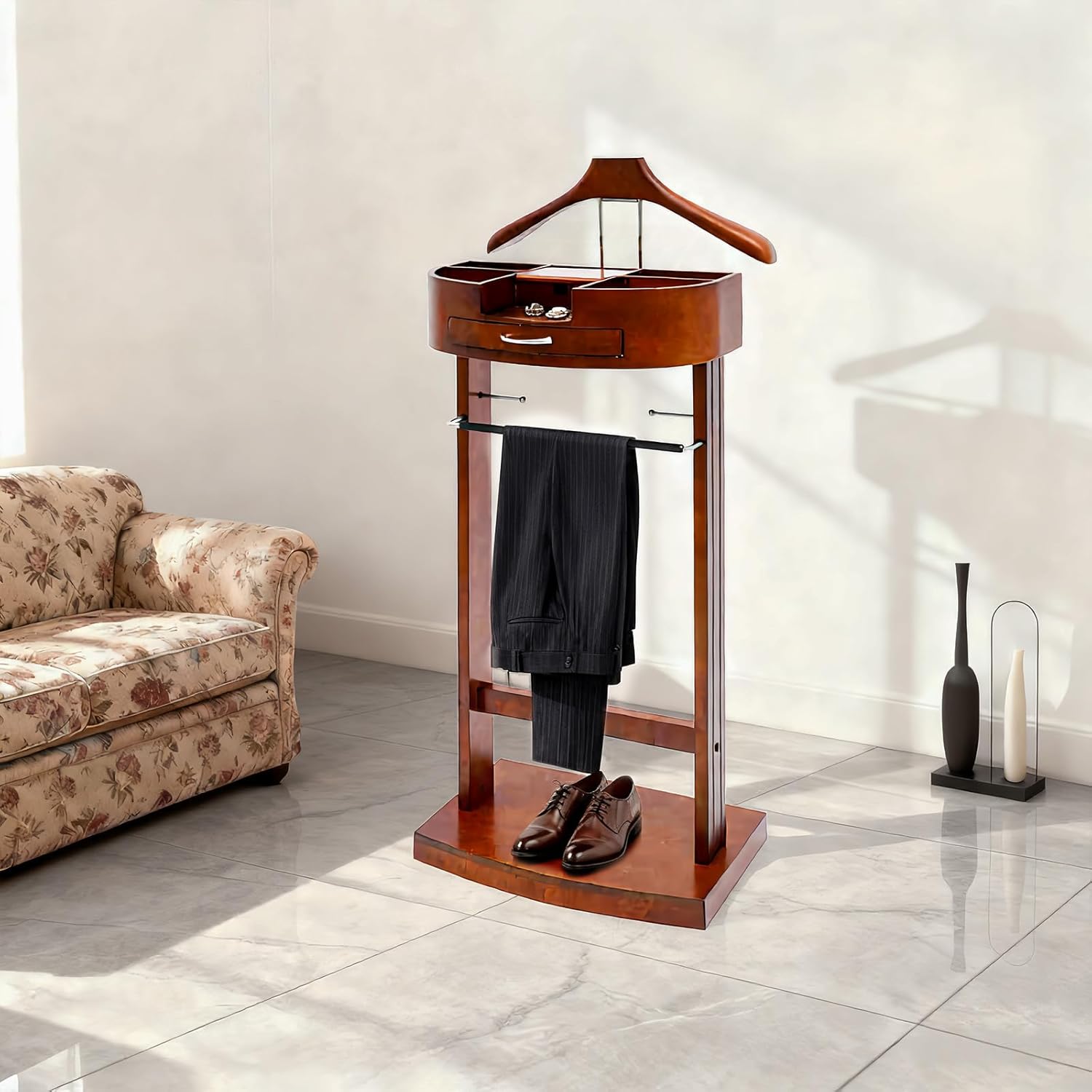 Wood Suit Valet Stand, Clothes Valet Stand, Clothing Rack Organizer, Jacket Hanger, Flip-top Compartment with Hole, Garment Valet for Bedroom Entryway Home Living Room Office