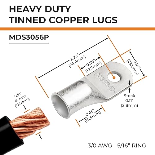 Miniatura 104 de SELTERM - Terminal en anillo de grado marino UL 2/0 AWG 3/8 pulgadas (25 uds) para batería, terminal tubular de cable eléctrico, conector calibre
