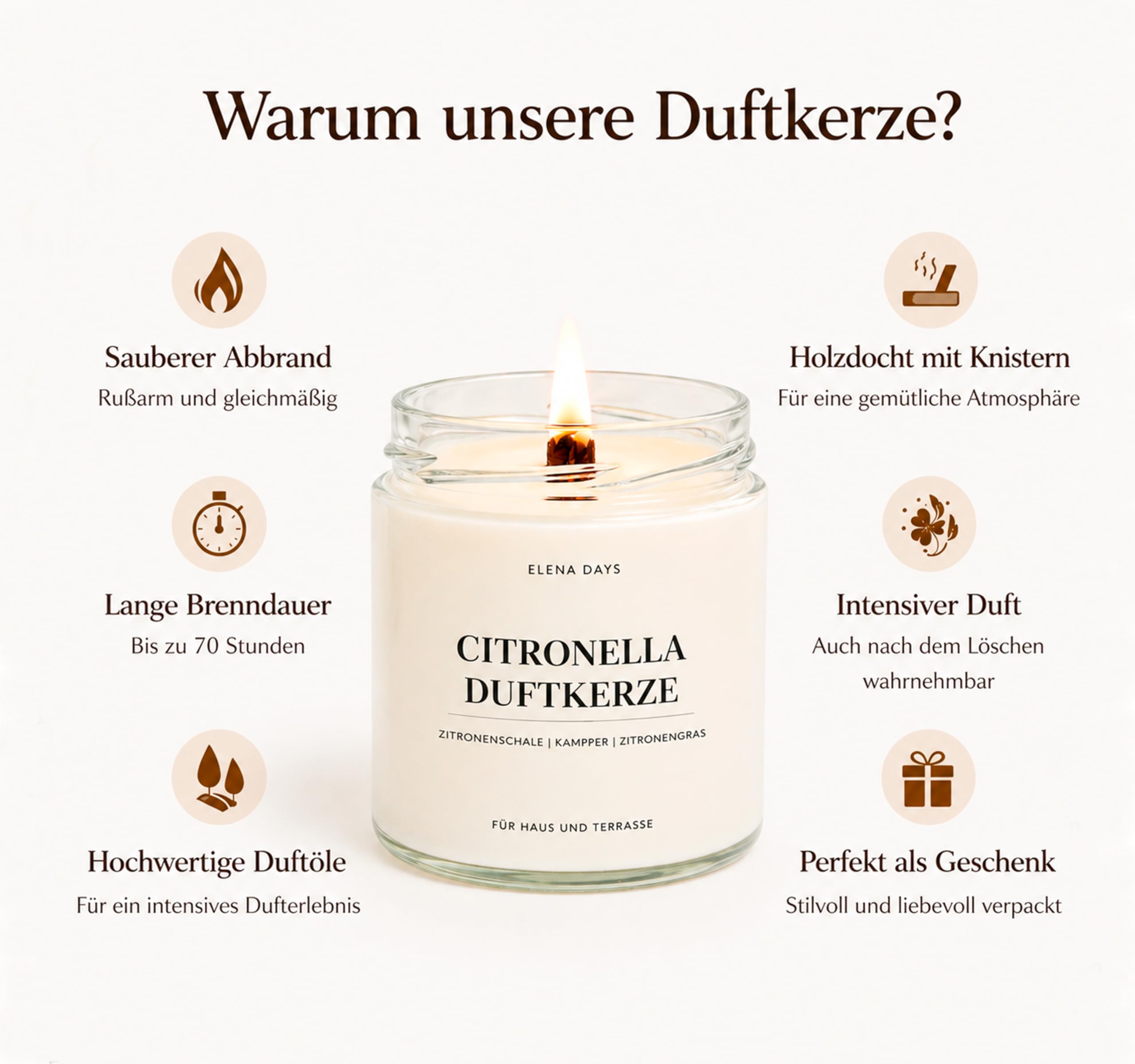 Citronella Duftkerze im Glas 300g – Sojawachs Kerze mit Holzdocht, intensiver Duft, Sommer Zitronengras & Zitrone Duft, lange Brenndauer 70h, für Haus, Terrasse & Balkon, Geschenkidee
