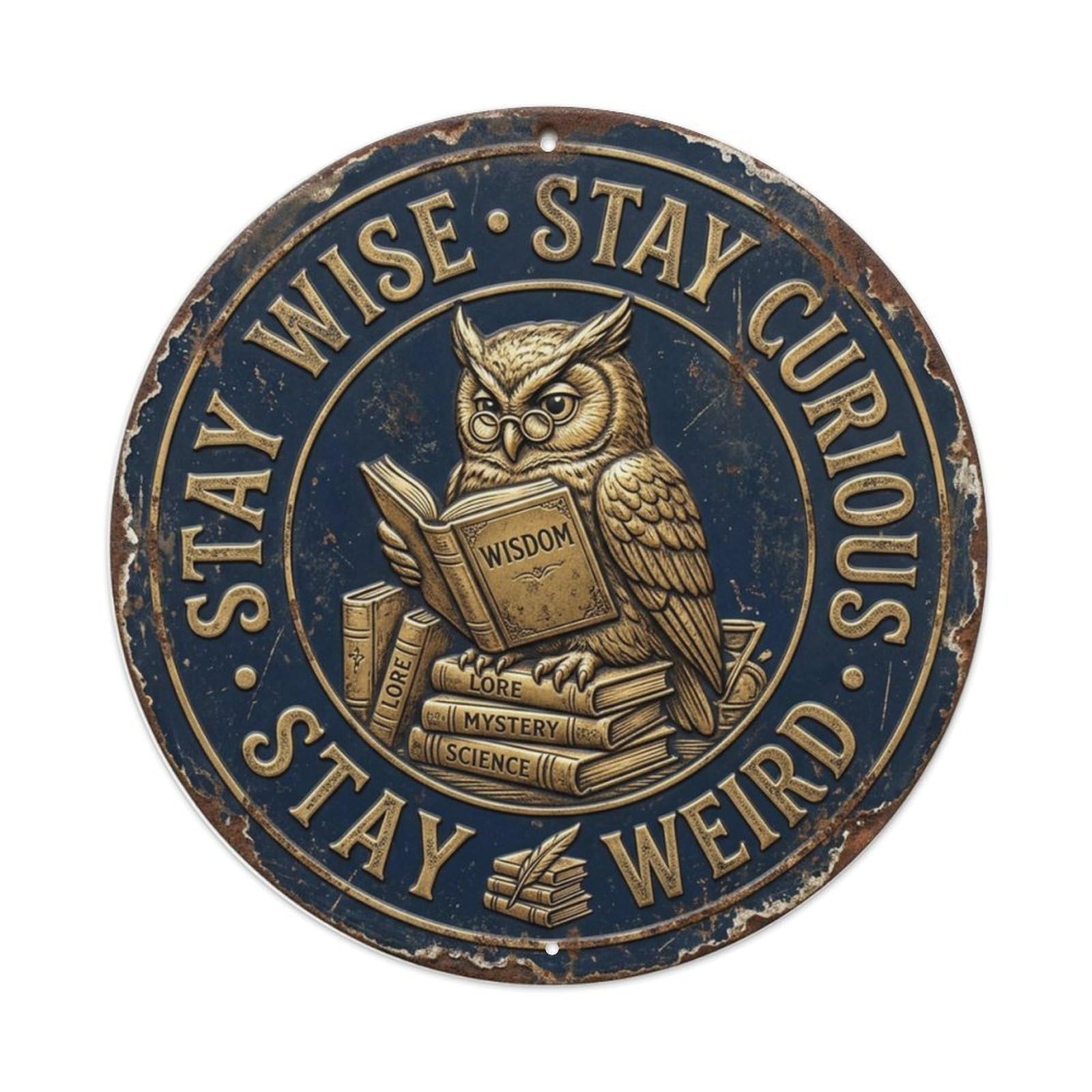 Owl Wisdom Study Metal Tin Sign Plaque Wall Decor for Cafe, Club Bar, Office, Home Garden Round Metal Poster 8x8Inch