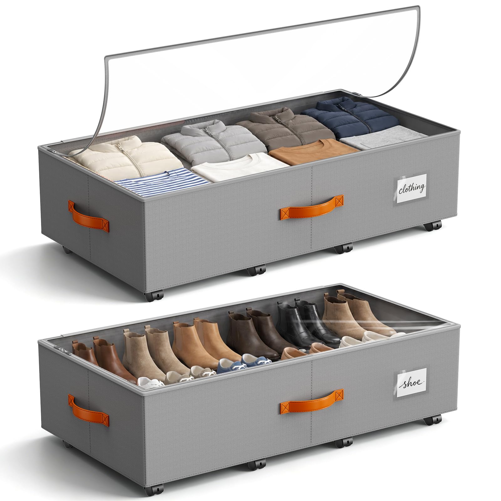 2er-Set Unterbett-Aufbewahrungsbox 65L, mit Rädern & Sichtfenster | 600D Oxford-Stoff mit MDF-Verstarkung – formstabil, reißfest & staubdicht, 84×44×24cm – passt unter Bett, Sofa & Schreibtisch
