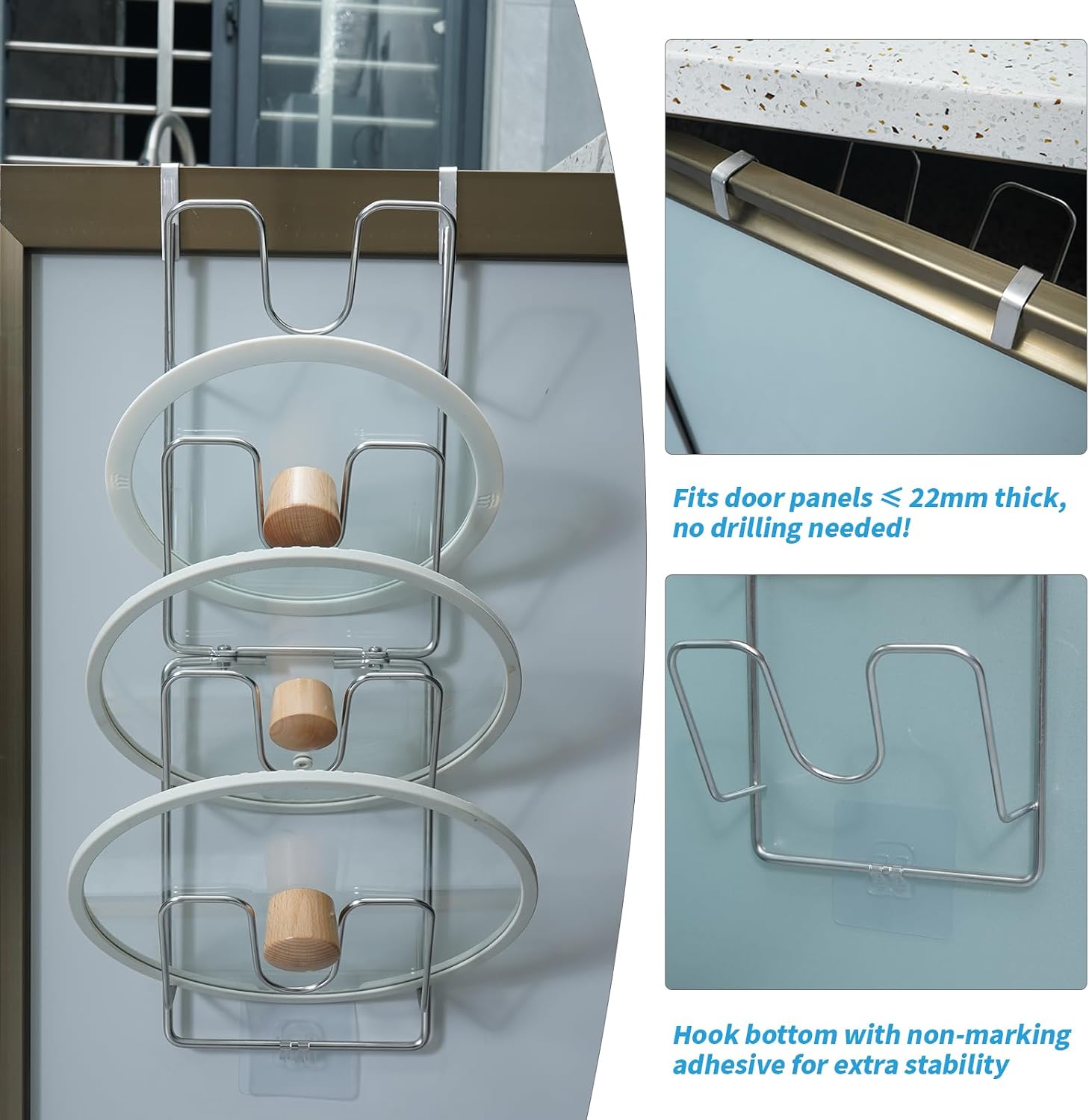 22.75" The-Cabinet Pot Lid Organizer,Silver Cantilever Racking 304 Stainless Steel Pot Cover Support 4 Tier Pot Lids Holders