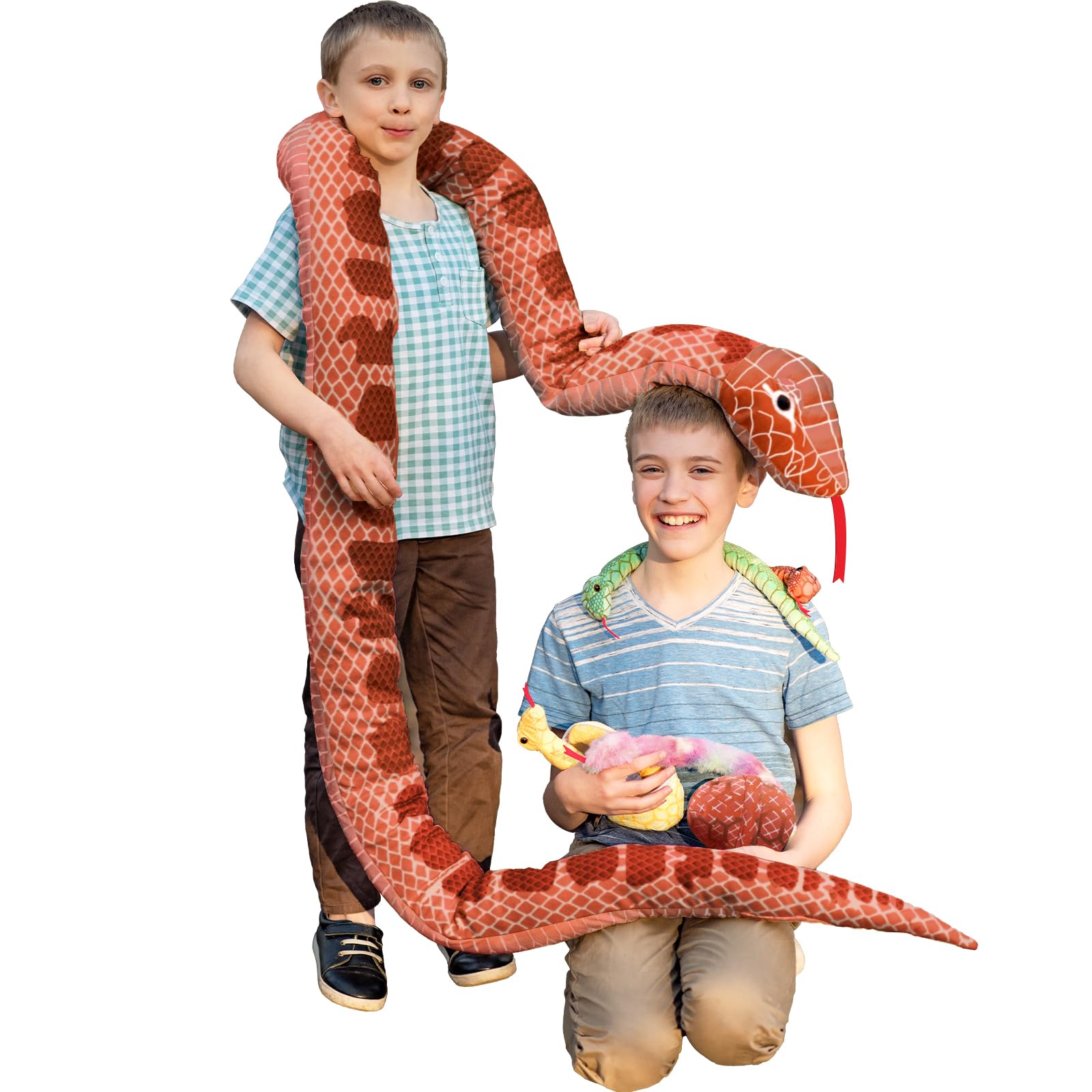 MorisMos Giant Snake Stuffed Animal Mommy with Babies, Realistic Stuffed Snakes Plush Toy, Long Boa Constrictor for Kids, Girls, Boys, Halloween, Red,