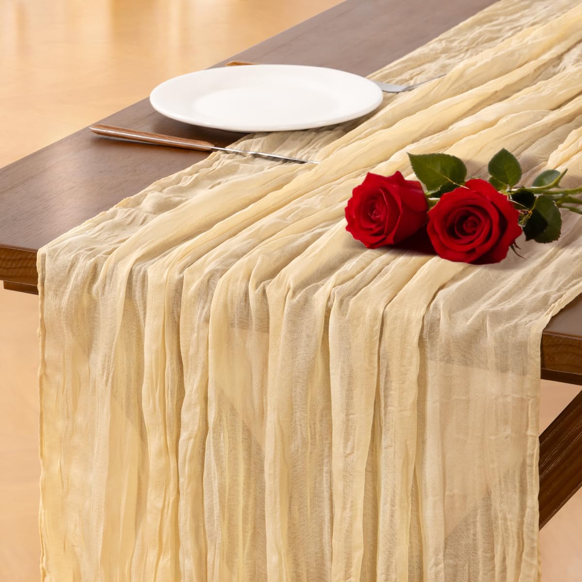 Socomi Gold Champagne Cheesecloth Table Runner Valentine's Day Boho Rustic Gauze 120 inch 10FT Cheese Cloth Runner for Wedding Party Baby Shower Birthday Home Decor Holiday Decorations