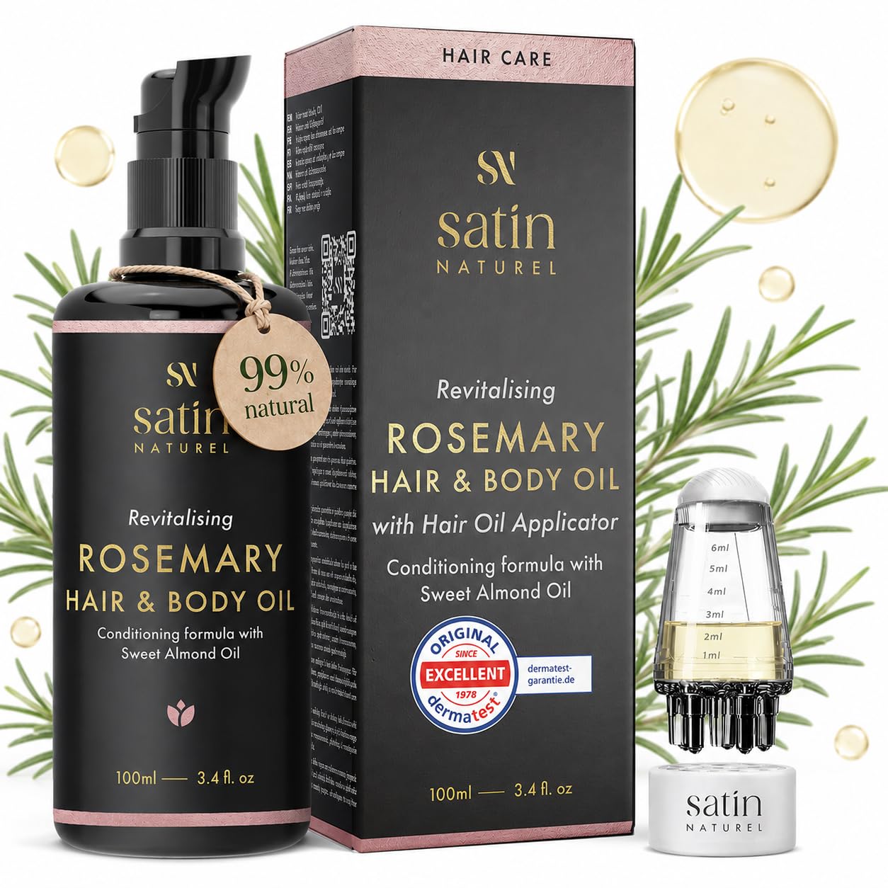 Satin Naturel Huile de Romarin Bio Cheveux 100 ml – Huile Capillaire au Rosemary pour Cuir Chevelu et Cheveux – avec Huile de Tournesol et Amande – avec Applicateur pour Massage du Cuir Chevelu