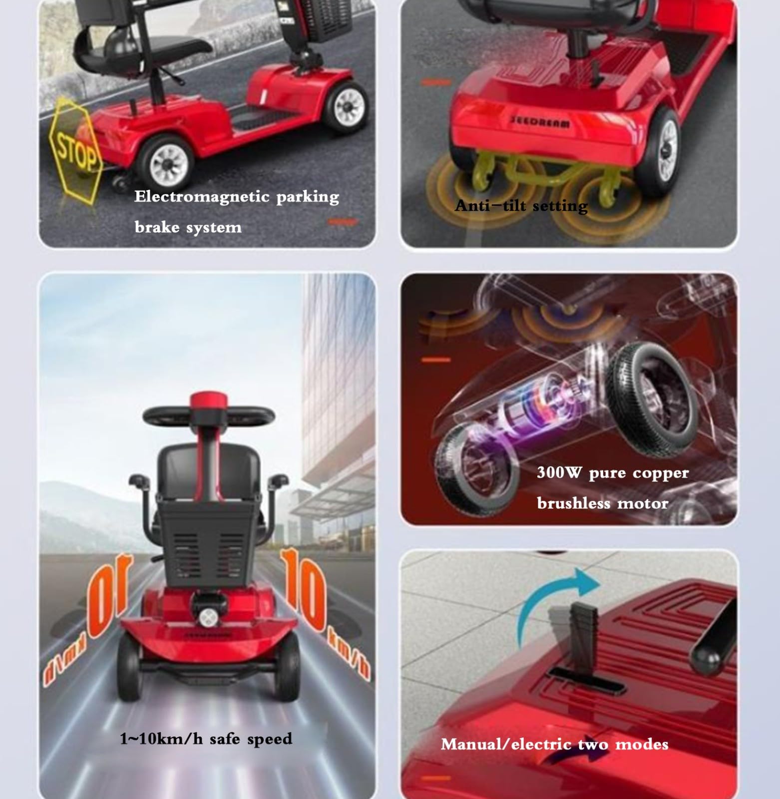 LIEOWYD Mobility Scooters, Mobility Scooter for Adults, Removable Lightweight Battery, 4 Wheel Electric Wheelchair Device with LED Light, for All Terrain, Removable Lightweight Battery