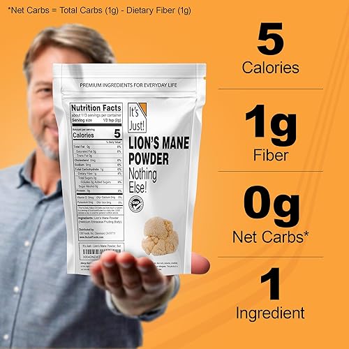 Miniatura 5 de It's Just! - Polvo de hongo de melena de león, superalimento crudo natural, apoyo cerebral, salud inmunológica, impulso de energía, sin OMG, 8 onzas