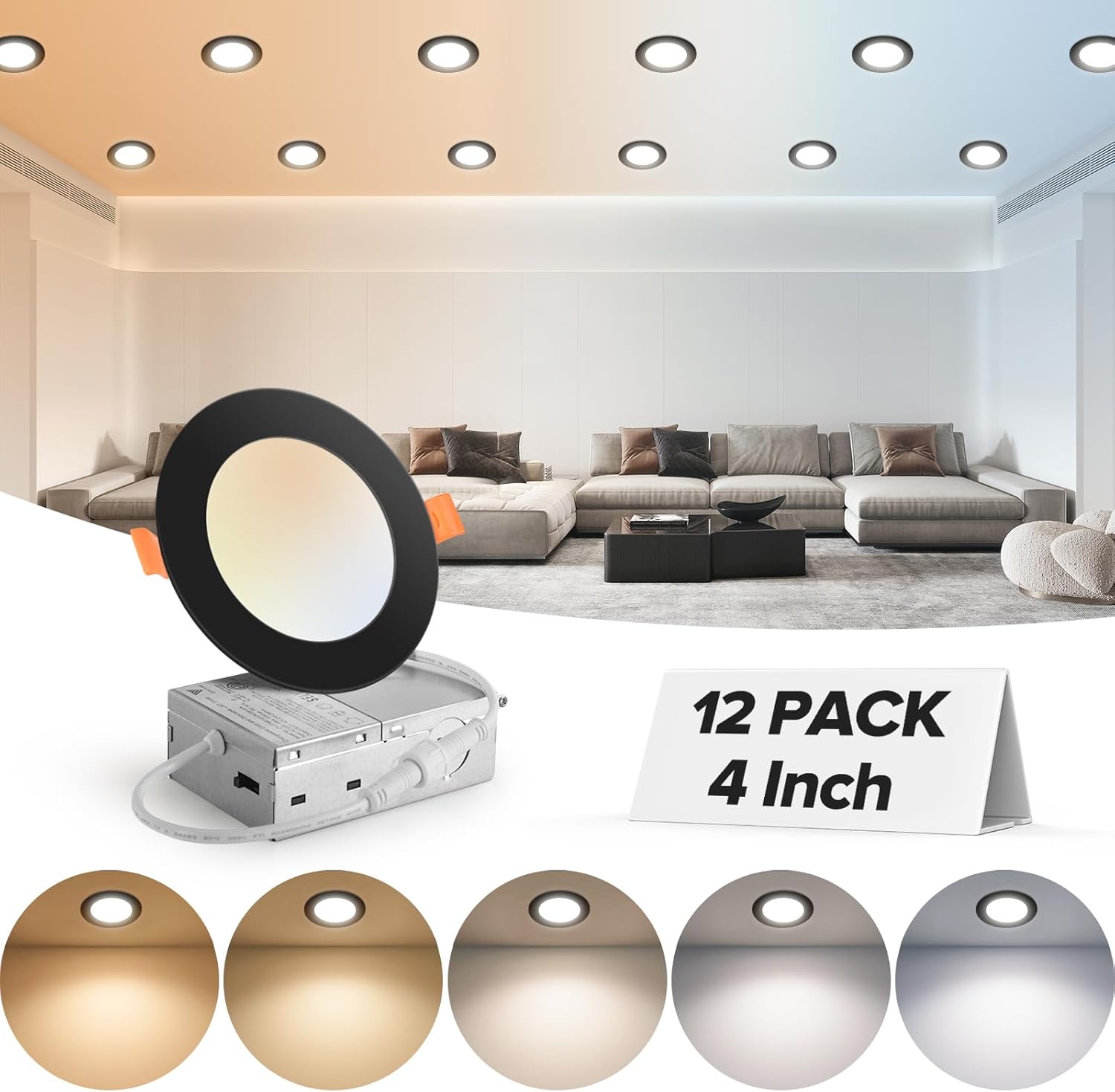 MAILCOS 12 Pack 4 Inch 5CCT Black Ultra-Thin LED Recessed Ceiling Light with Junction Box, 2700K-5000K Selectable, 810LM High Brightness, Dimmable Canless Wafer Downlight, 9W 120V, ETL