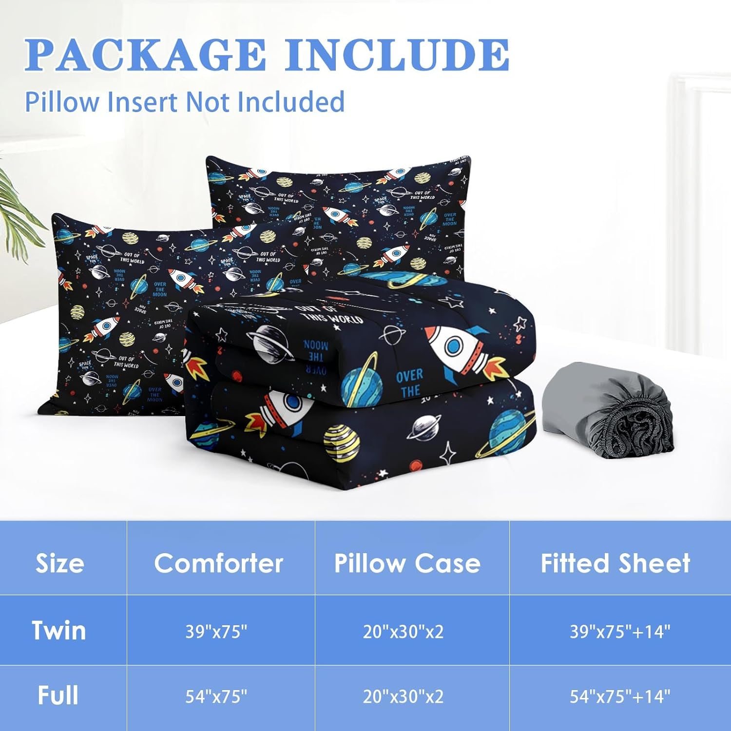 Nesker Zipper Bedding Twin Space Moon Universe Zip Up Bedding Set for Boys and Kids, Rockets Planets Stars 3 Pcs Comforter Bed in a Bag with Fitted Sheet and 2 Pcs Pillowcases - Image 6