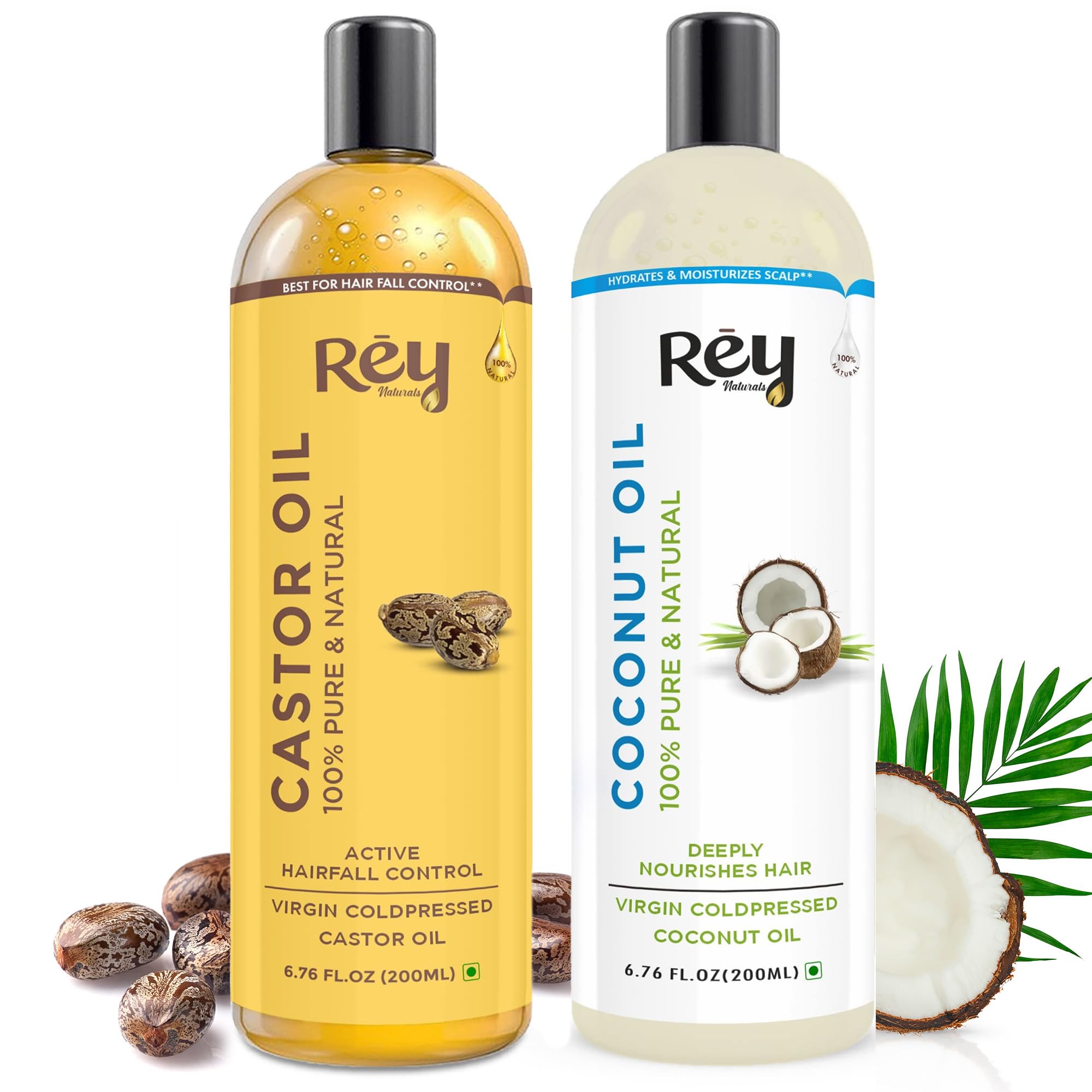 Cold-Pressed, Pure Castor Oil & Coconut Oil Combo - Moisturizing & Healing, For Skin, Hair Care, Eyelashes (200 ml + 200 ml)