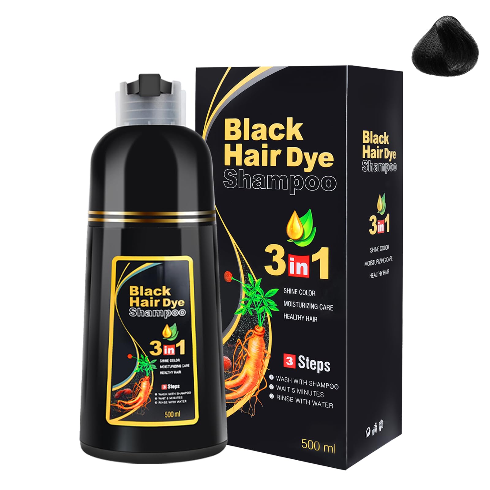 Black Hair Dye Shampoo-3-in-1 schwarzes Haarfärbeshampoo, kann graue Haare abdecken, pflanzliche Inhaltsstoffe, natürliches Haarfarbshampoo, enthält Ginseng-Extrakt, natürliche Haarfärbung