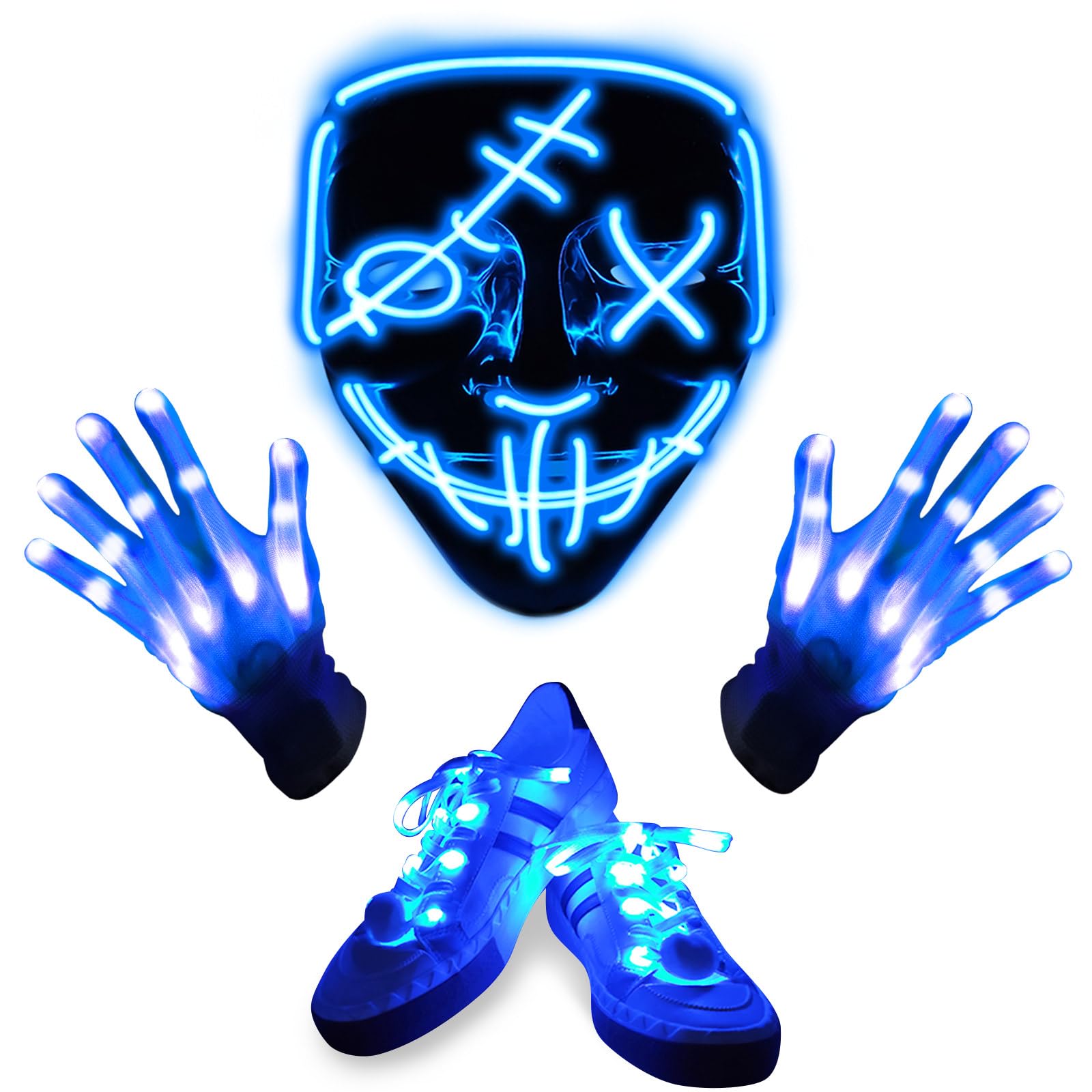 CamlinboHalloween LED Mask & Glow Set, Adult Light up Mask Glow Gloves and Shoelaces, Halloween Cosplay Party Costume